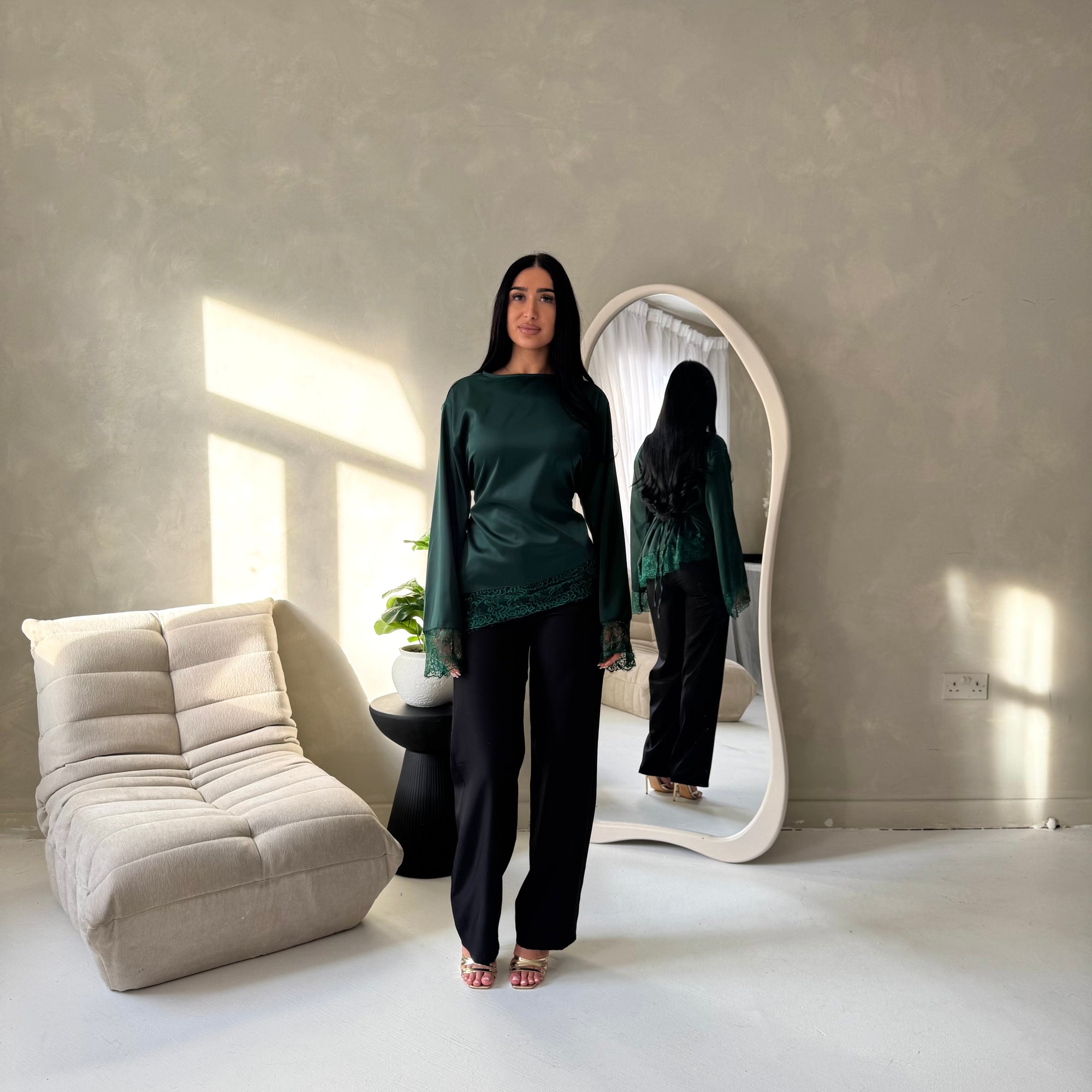 Hayat Emerald Green Satin Tie back Lace Detail Top