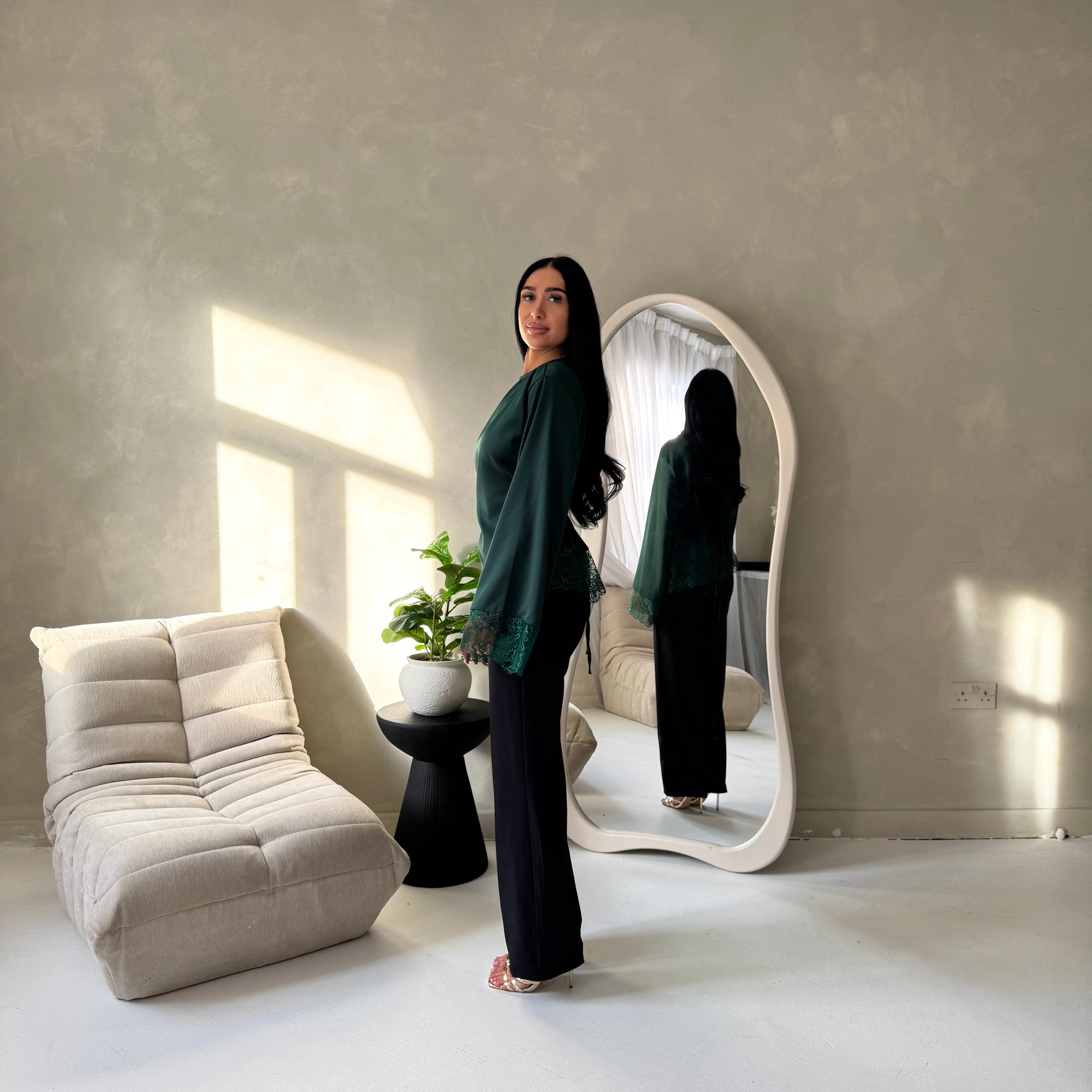 Hayat Emerald Green Satin Tie back Lace Detail Top