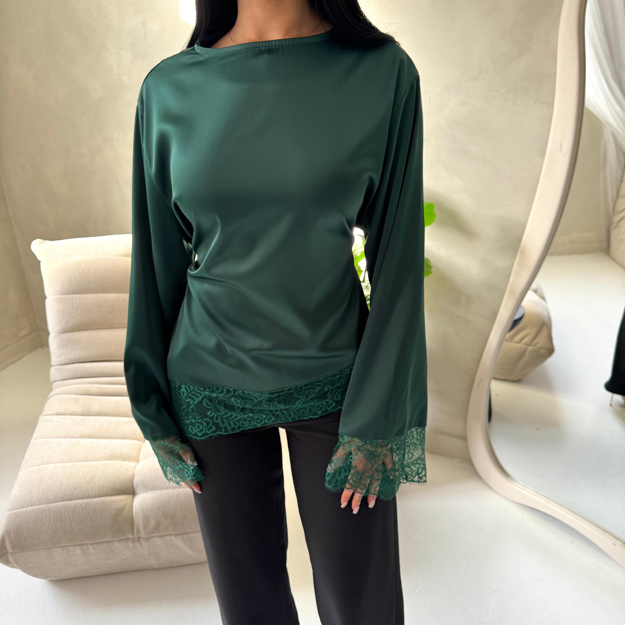 Hayat Emerald Green Satin Tie back Lace Detail Top