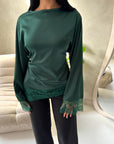Hayat Emerald Green Satin Tie back Lace Detail Top