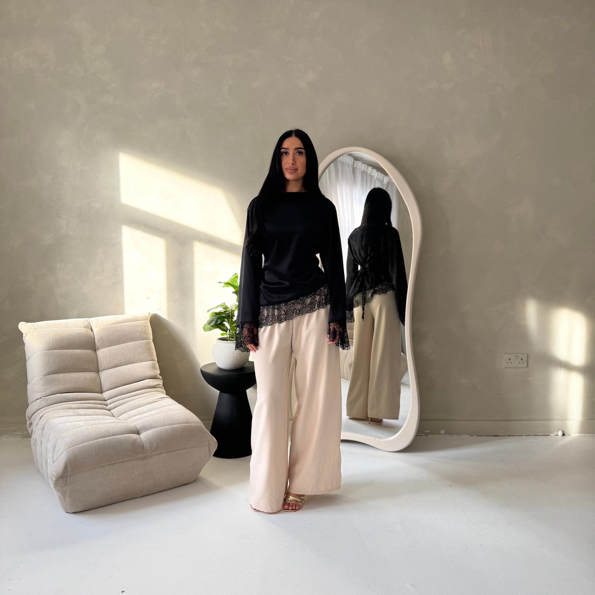 Hayat Black Satin Tie back Lace Detail Top