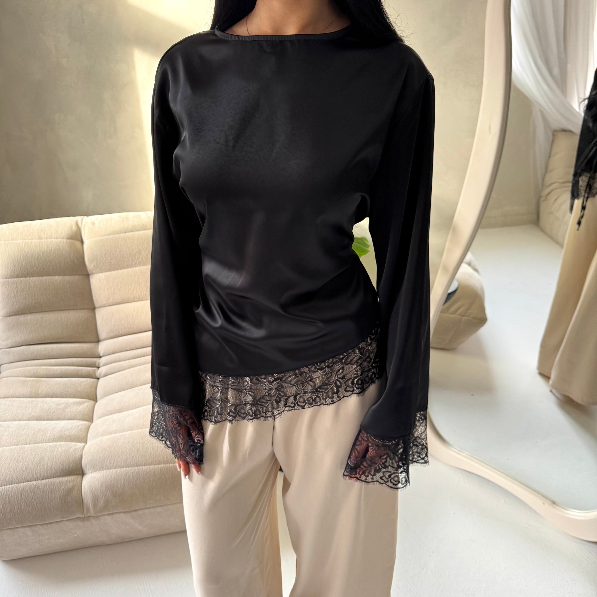 Hayat Black Satin Tie back Lace Detail Top