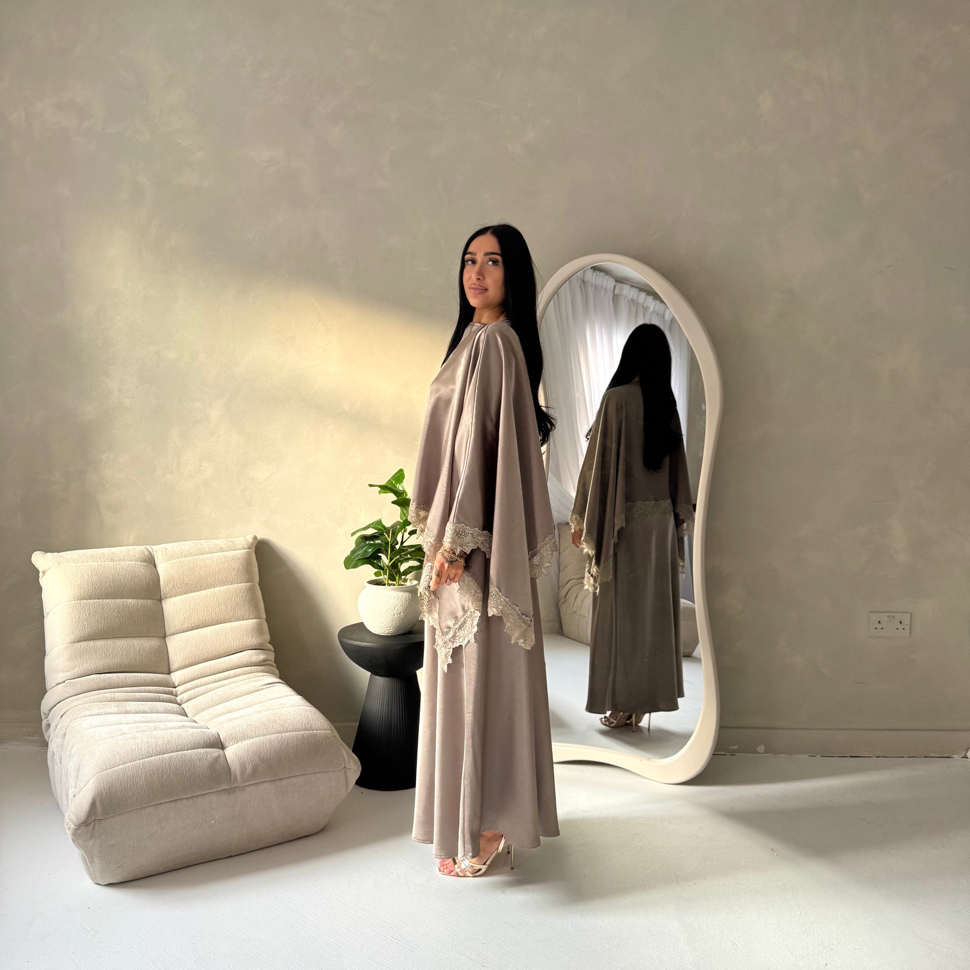 Madiha Mocha Satin Lace Detail Skirt Co Ord Set