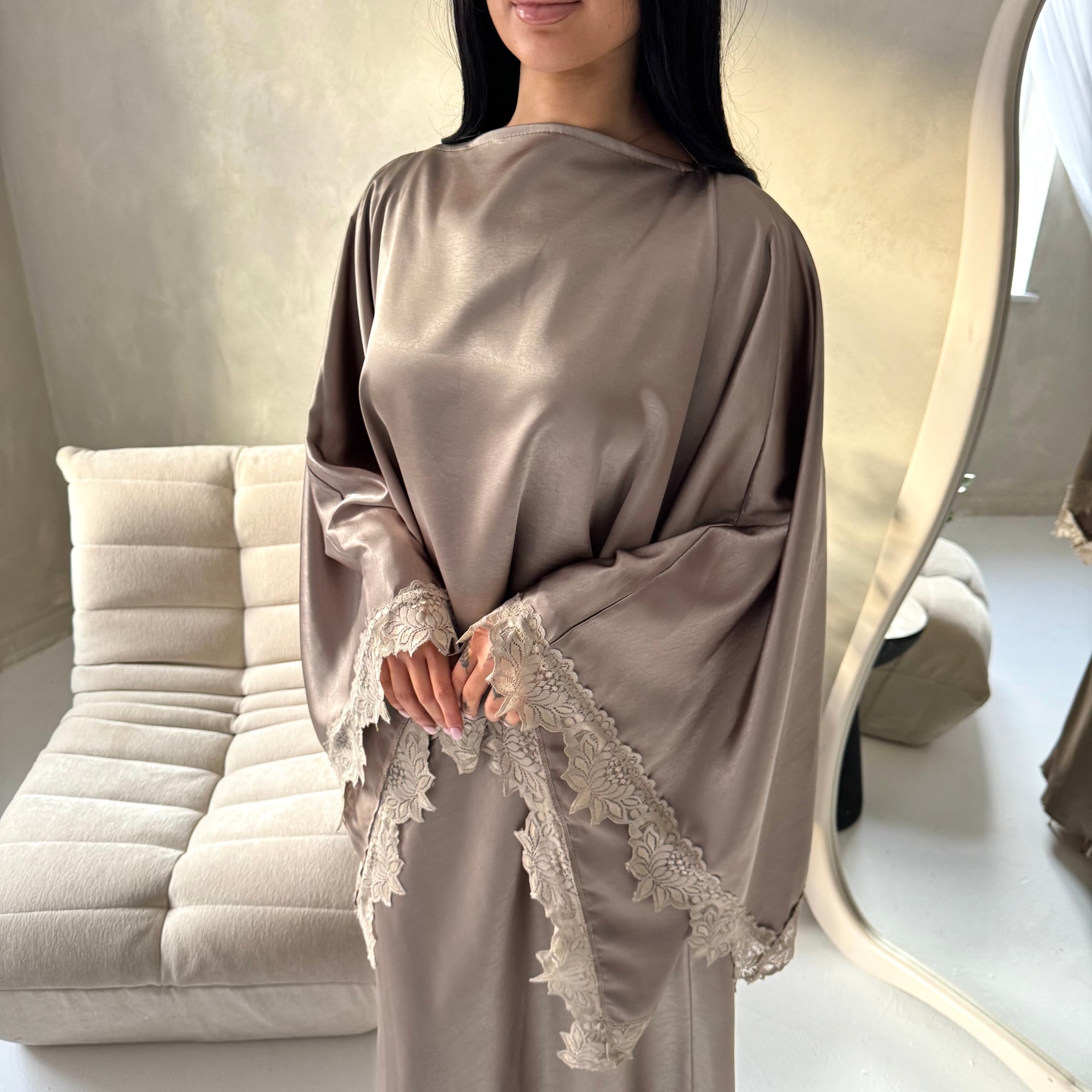 Madiha Mocha Satin Lace Detail Skirt Co Ord Set