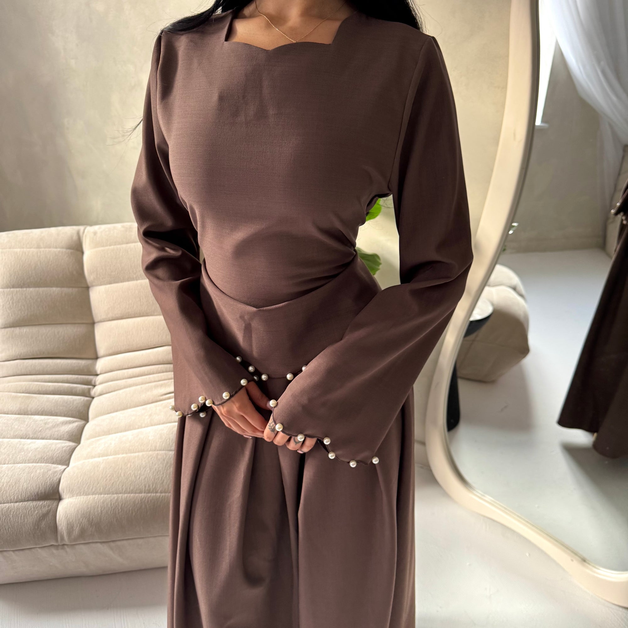 Raia Brown Pearl Detail Modest Skirt Co Ord