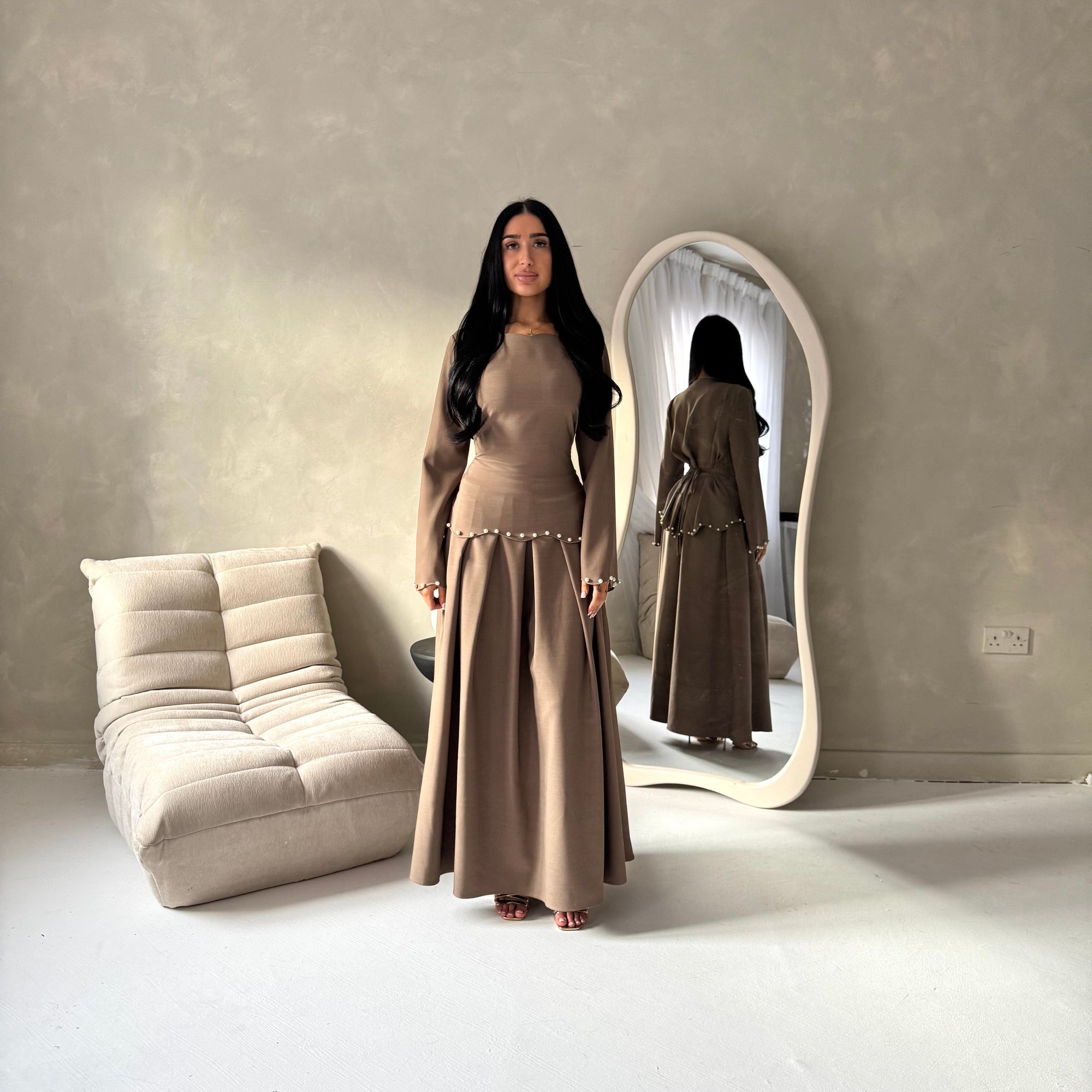 Raia Mocha Pearl Detail Modest Skirt Co Ord