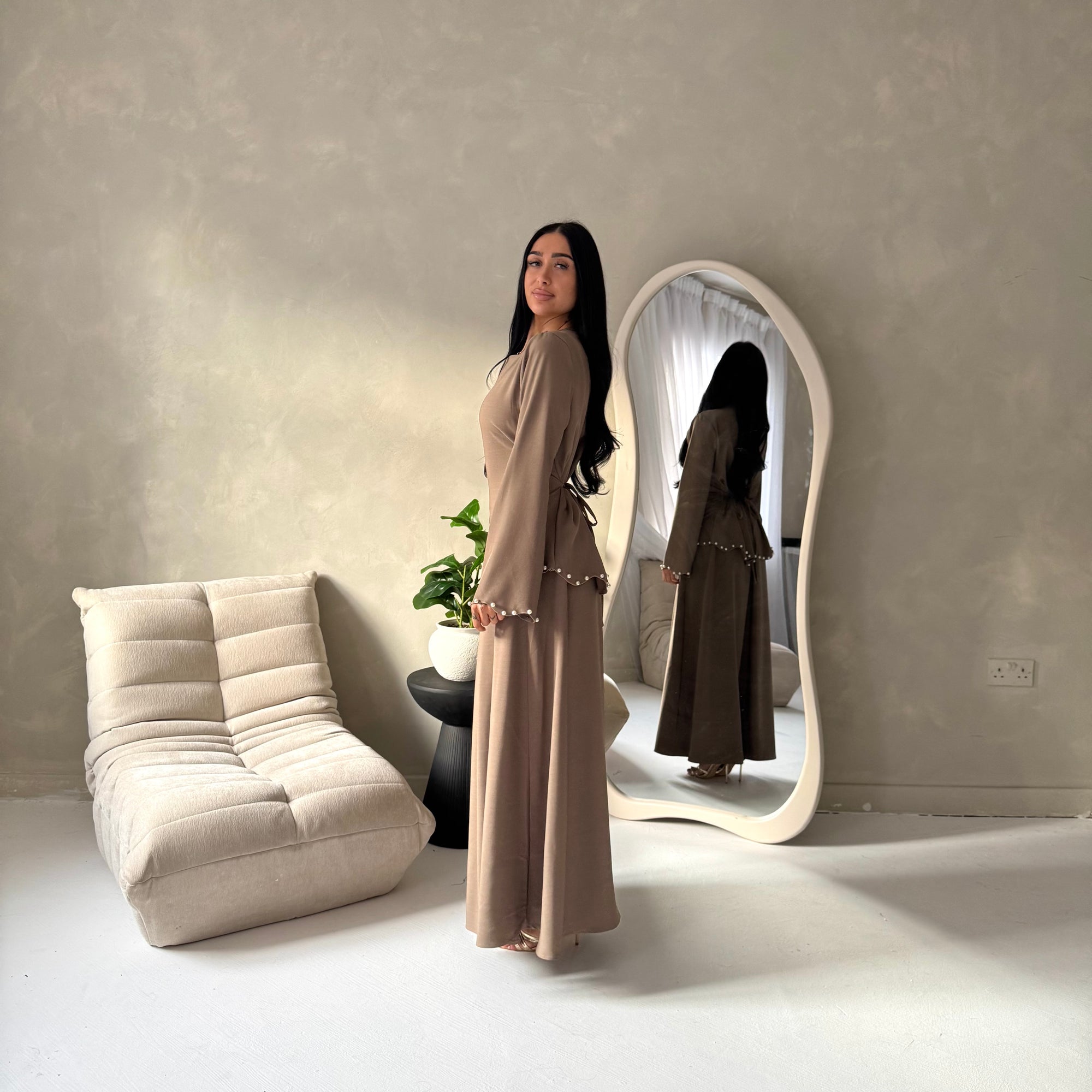 Raia Mocha Pearl Detail Modest Skirt Co Ord