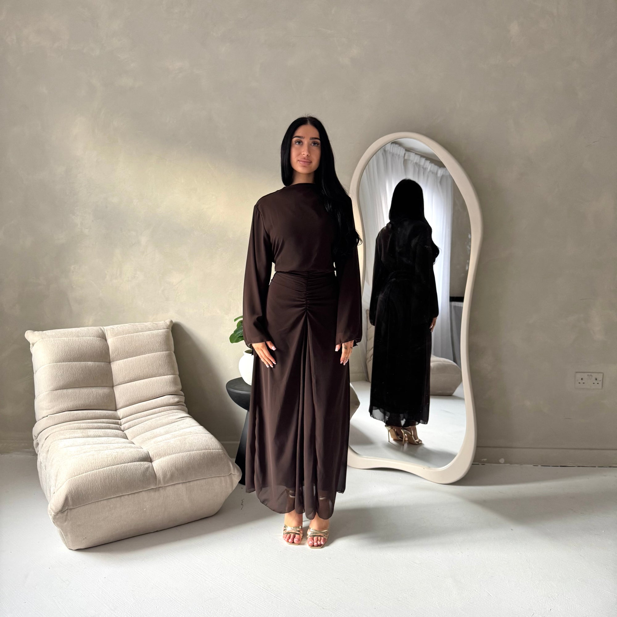Ines Brown Soft Waist Ruched Lined Modest Dress
