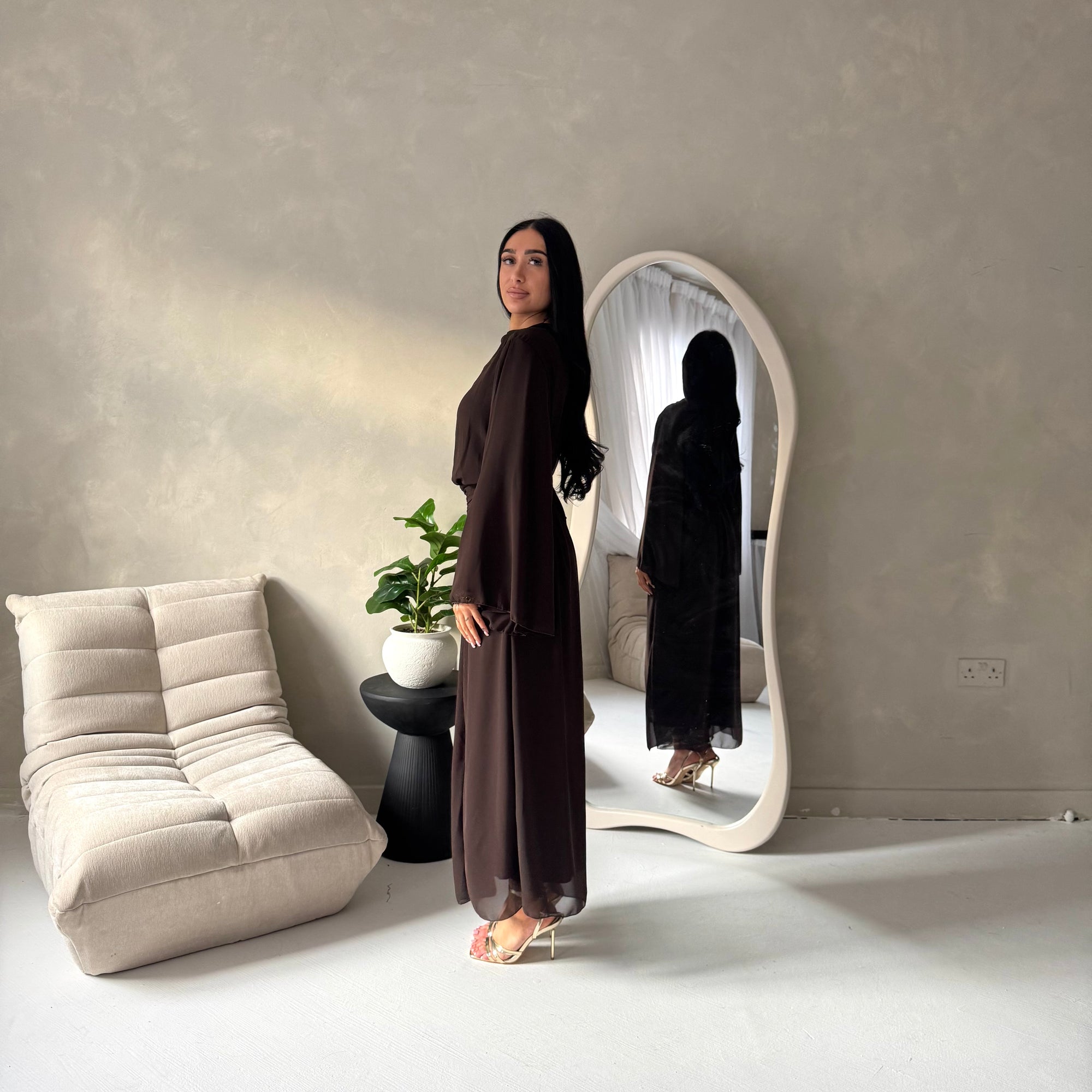 Ines Brown Soft Waist Ruched Lined Modest Dress
