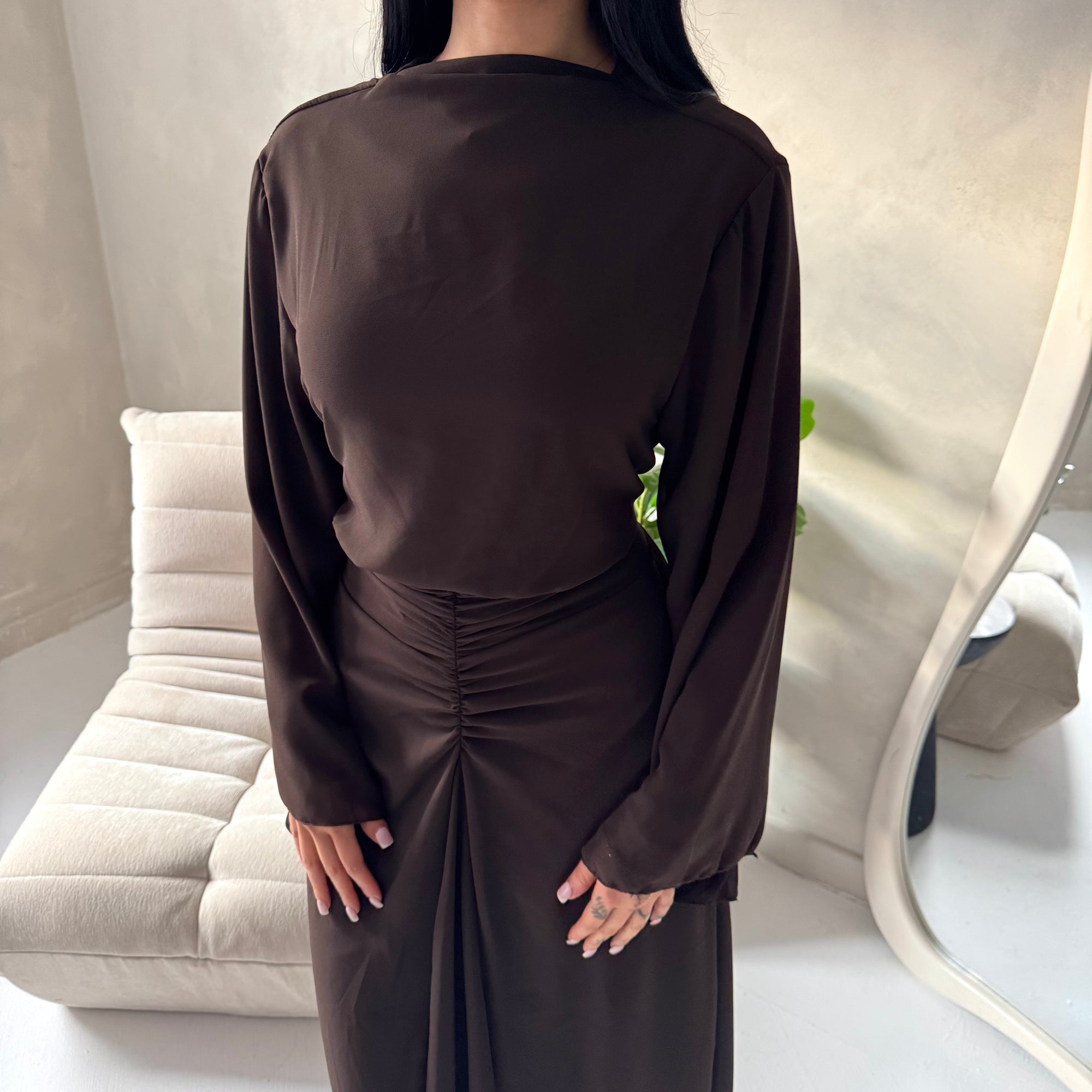 Ines Brown Soft Waist Ruched Lined Modest Dress