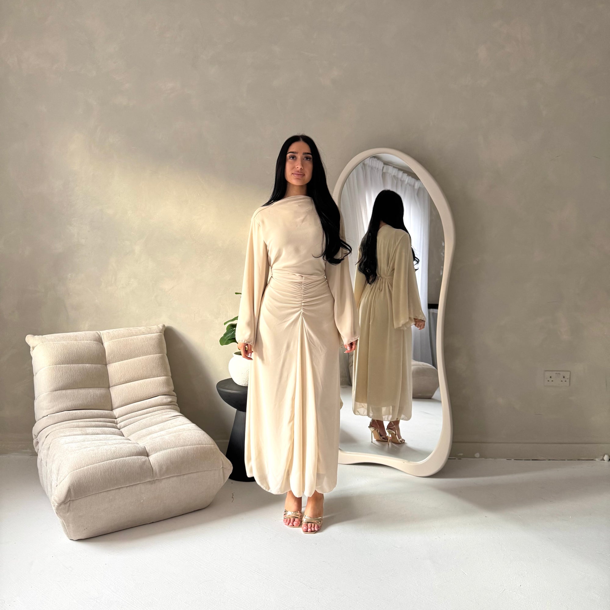 Ines Beige Soft Waist Ruched Lined Modest Dress