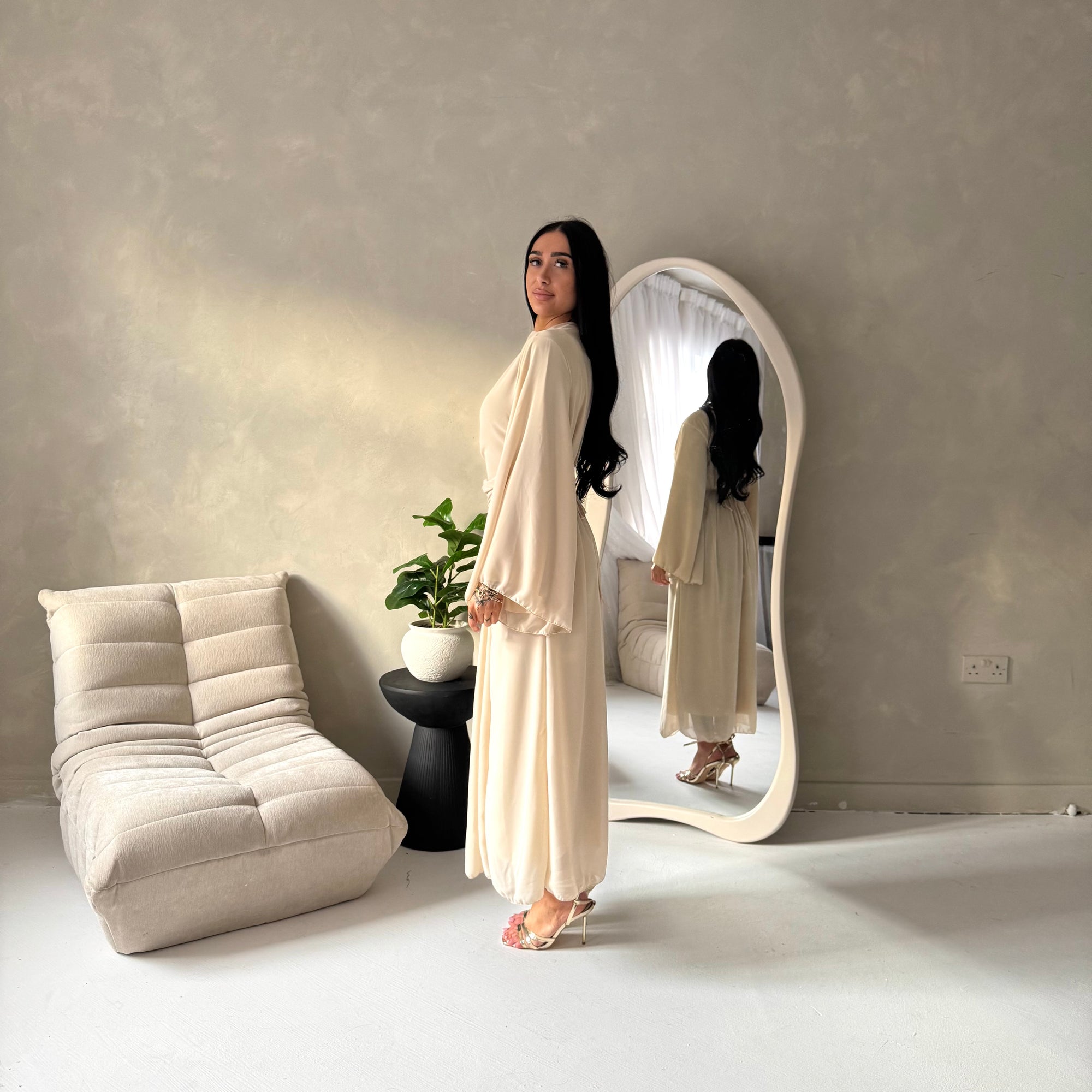 Ines Beige Soft Waist Ruched Lined Modest Dress