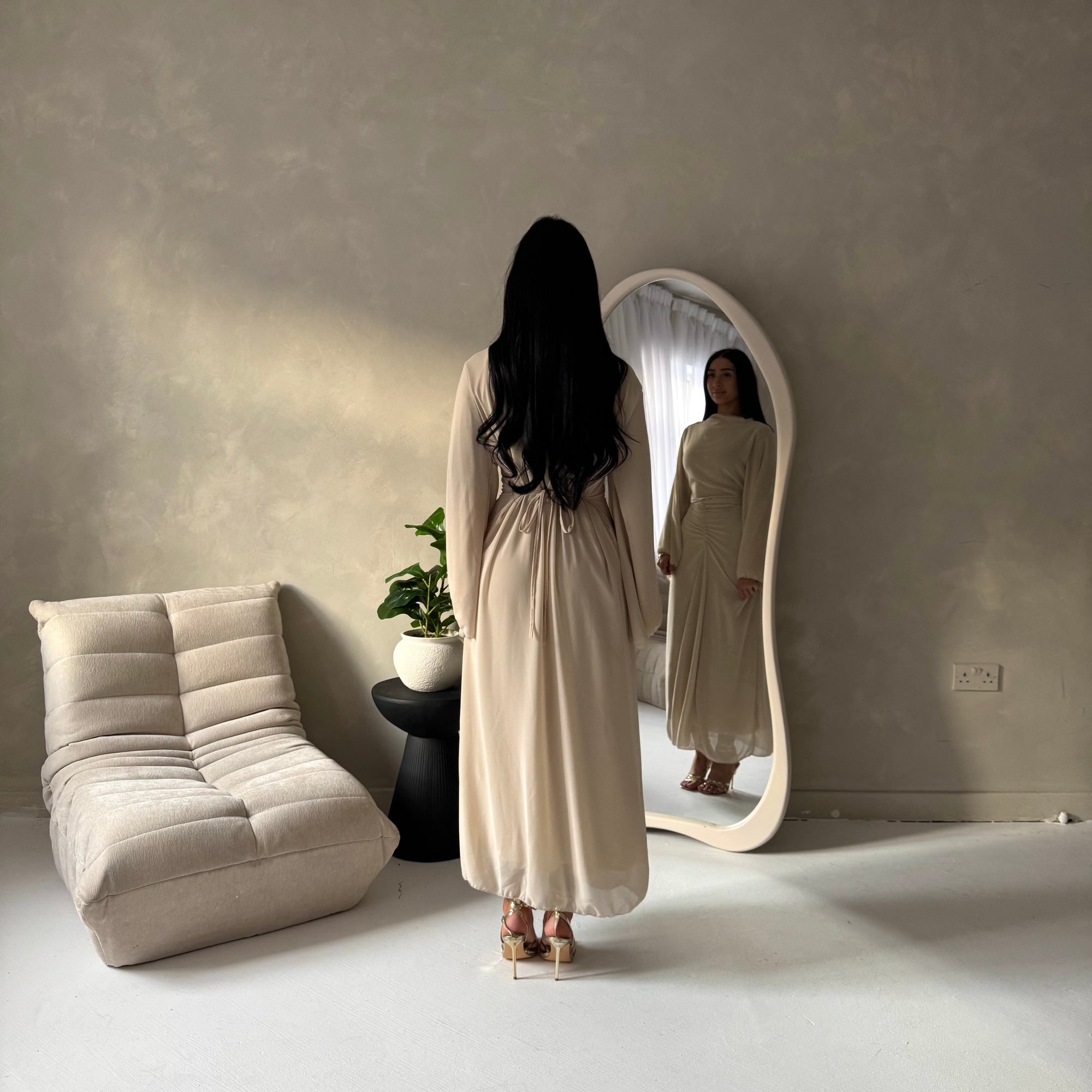 Ines Beige Soft Waist Ruched Lined Modest Dress