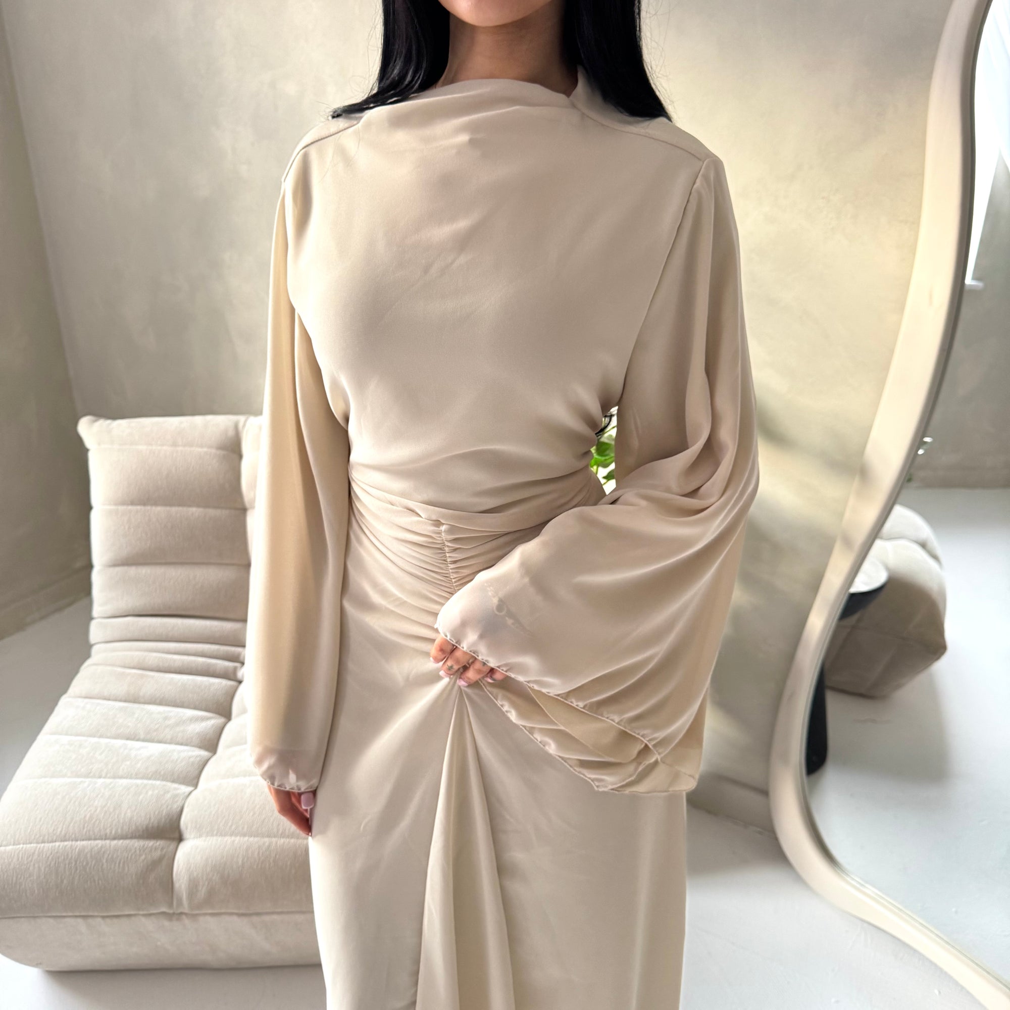 Ines Beige Soft Waist Ruched Lined Modest Dress