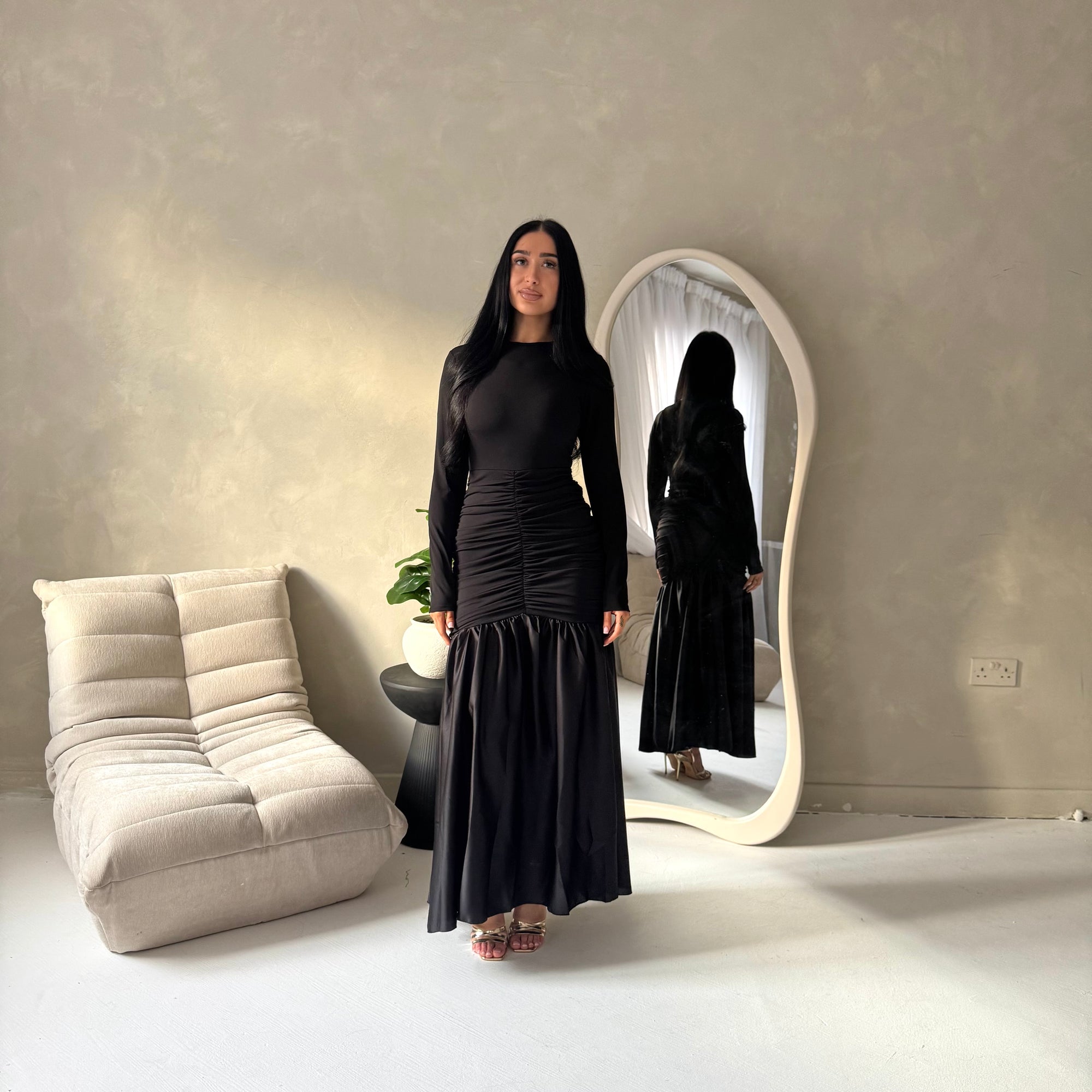 Lyra Black Waist Ruched Modest Dress