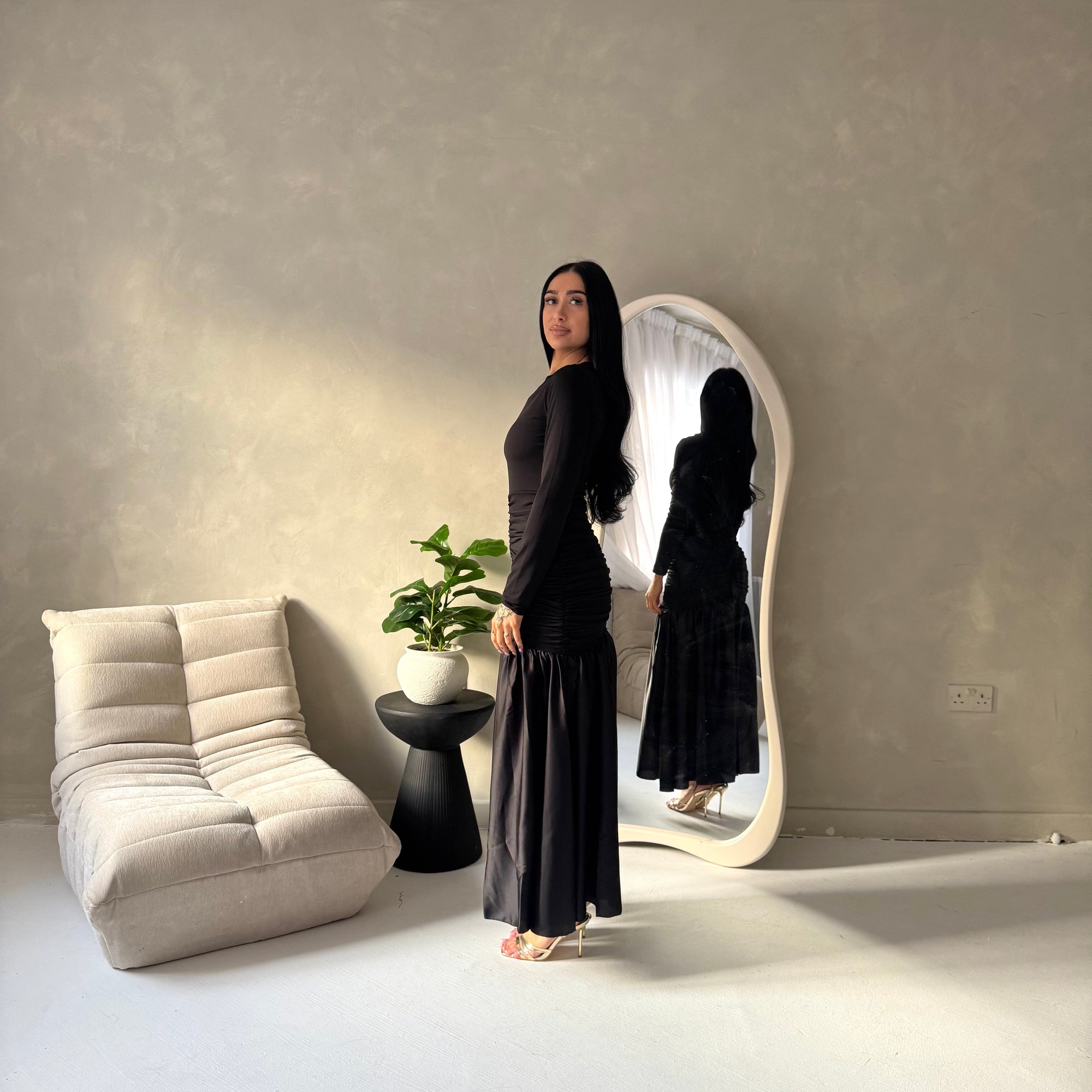 Lyra Black Waist Ruched Modest Dress