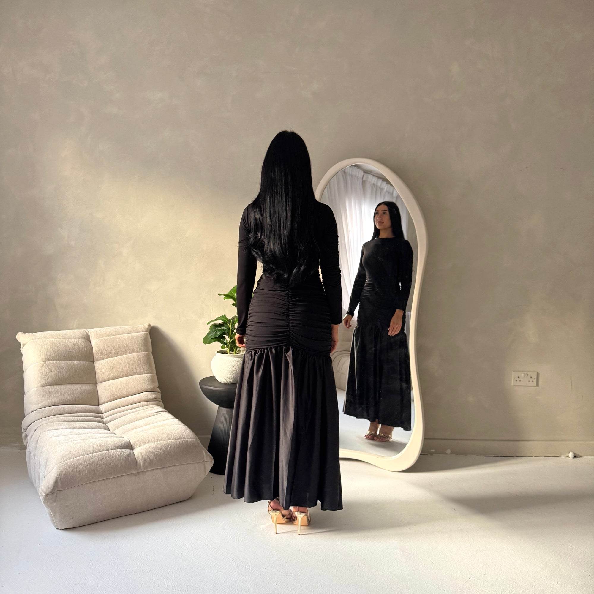 Lyra Black Waist Ruched Modest Dress
