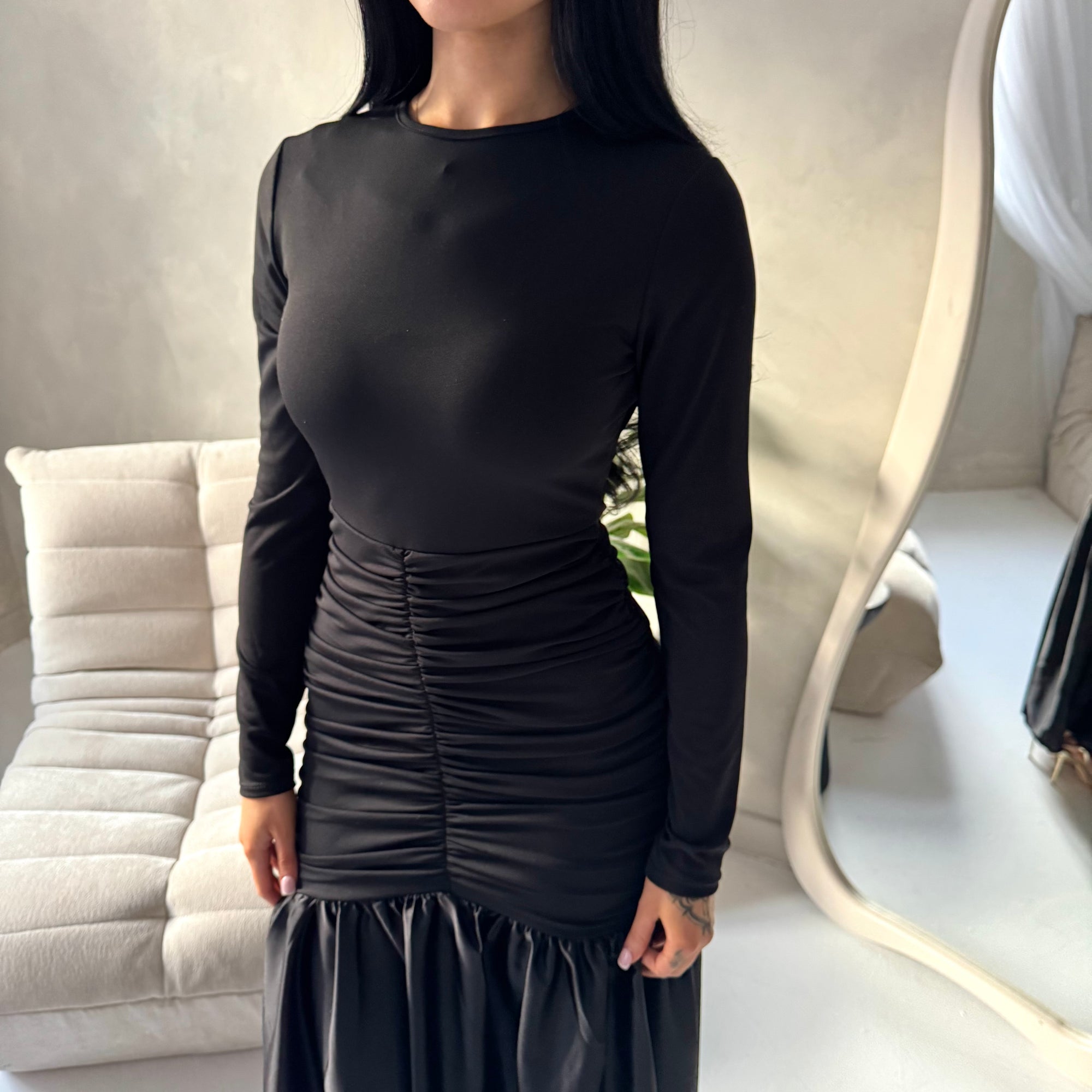 Lyra Black Waist Ruched Modest Dress