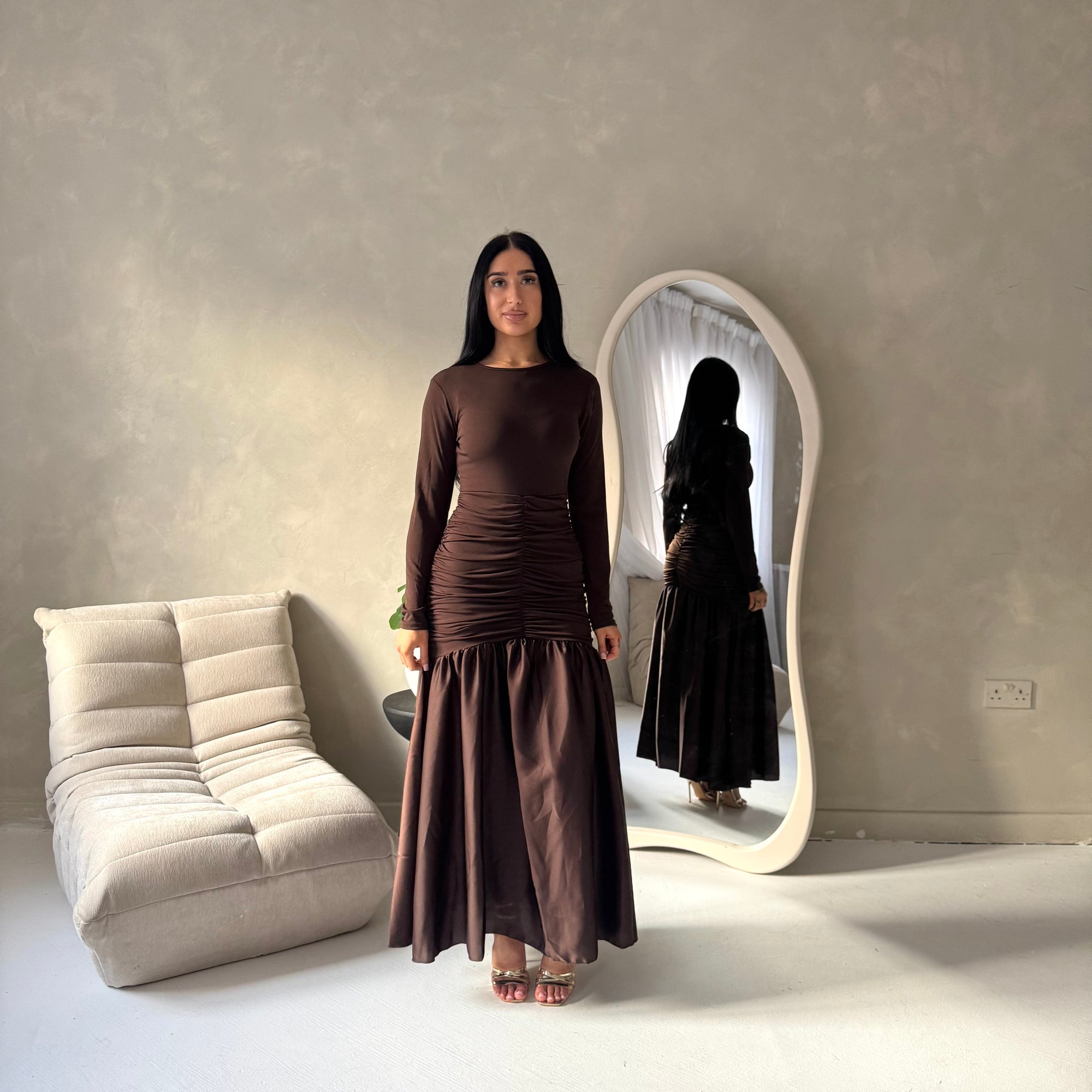Lyra Brown Waist Ruched Modest Dress