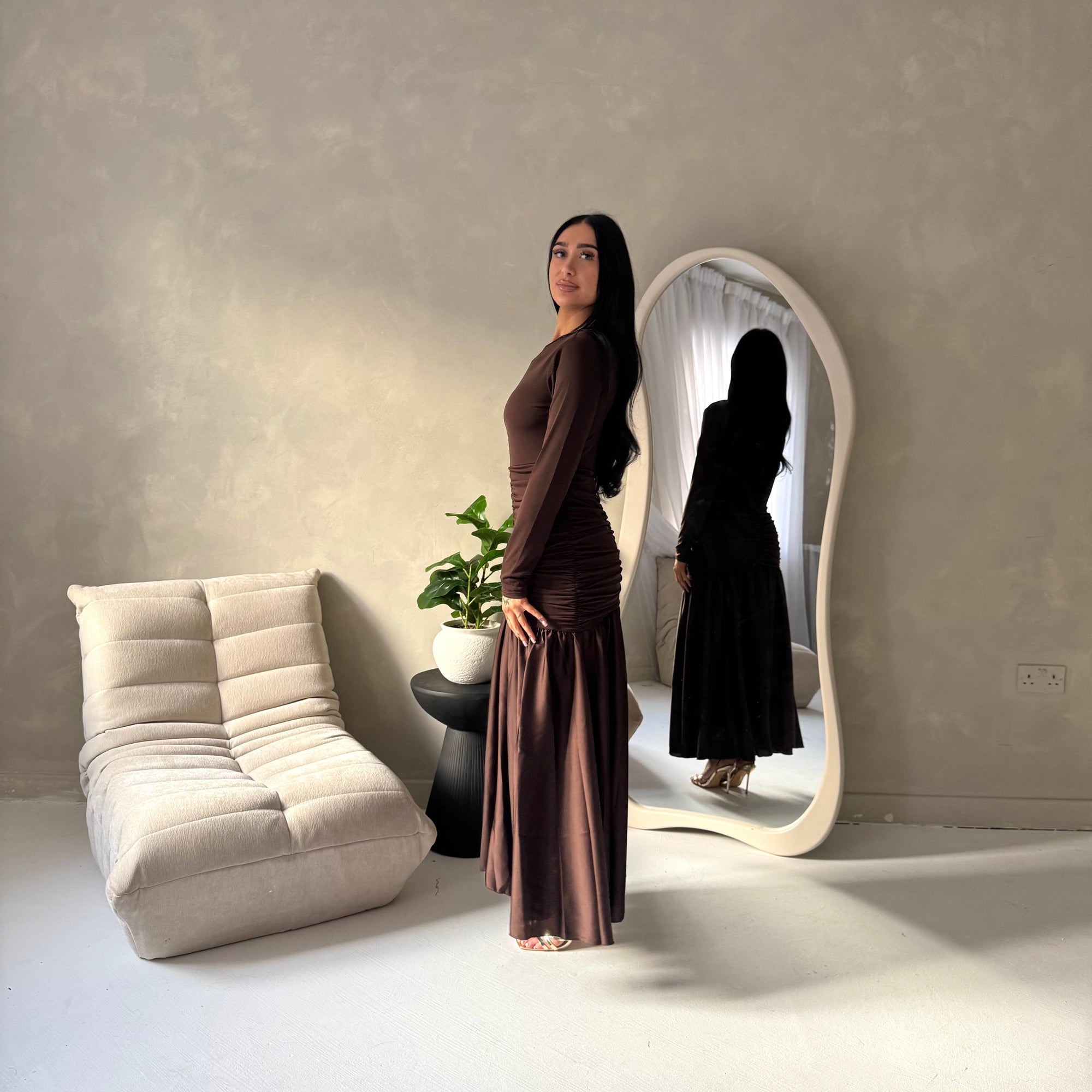 Lyra Brown Waist Ruched Modest Dress