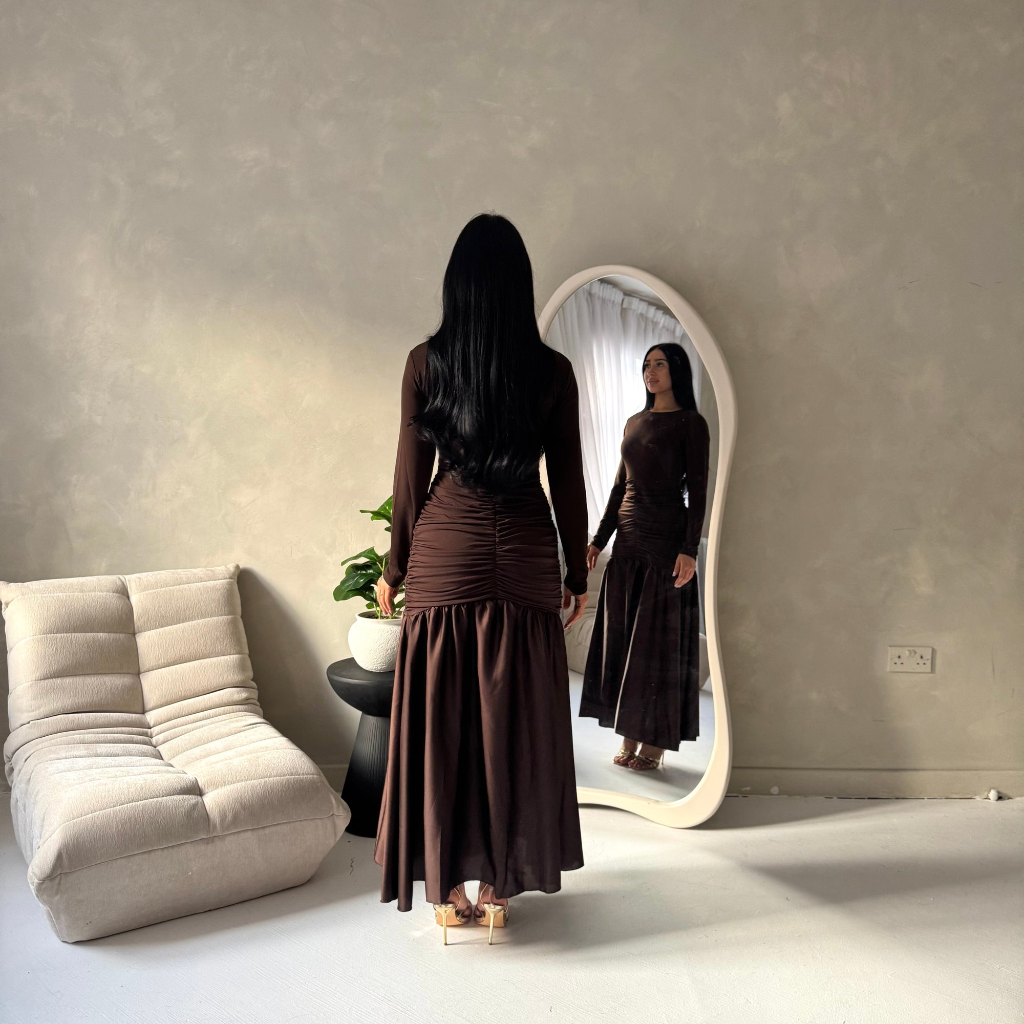 Lyra Brown Waist Ruched Modest Dress
