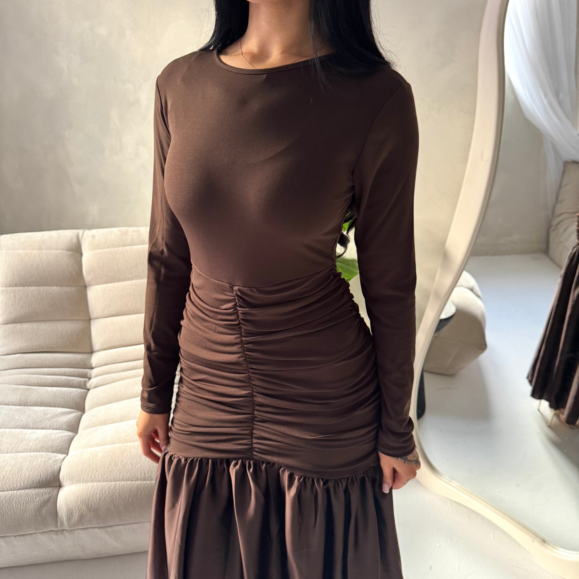 Lyra Brown Waist Ruched Modest Dress