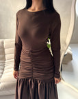 Lyra Brown Waist Ruched Modest Dress