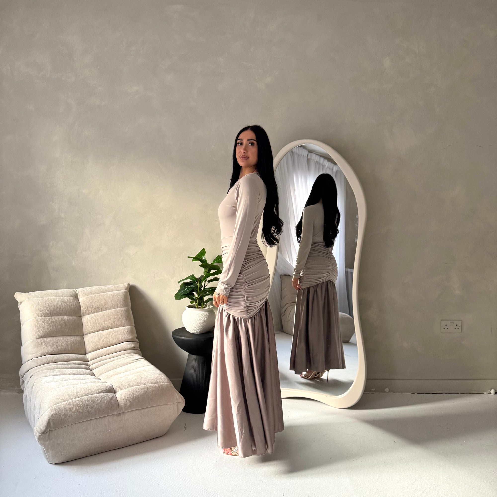 Lyra Mocha Waist Ruched Modest Dress