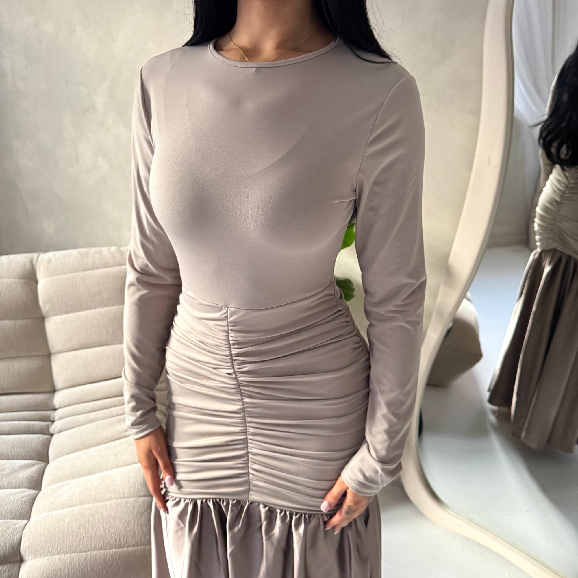 Lyra Mocha Waist Ruched Modest Dress