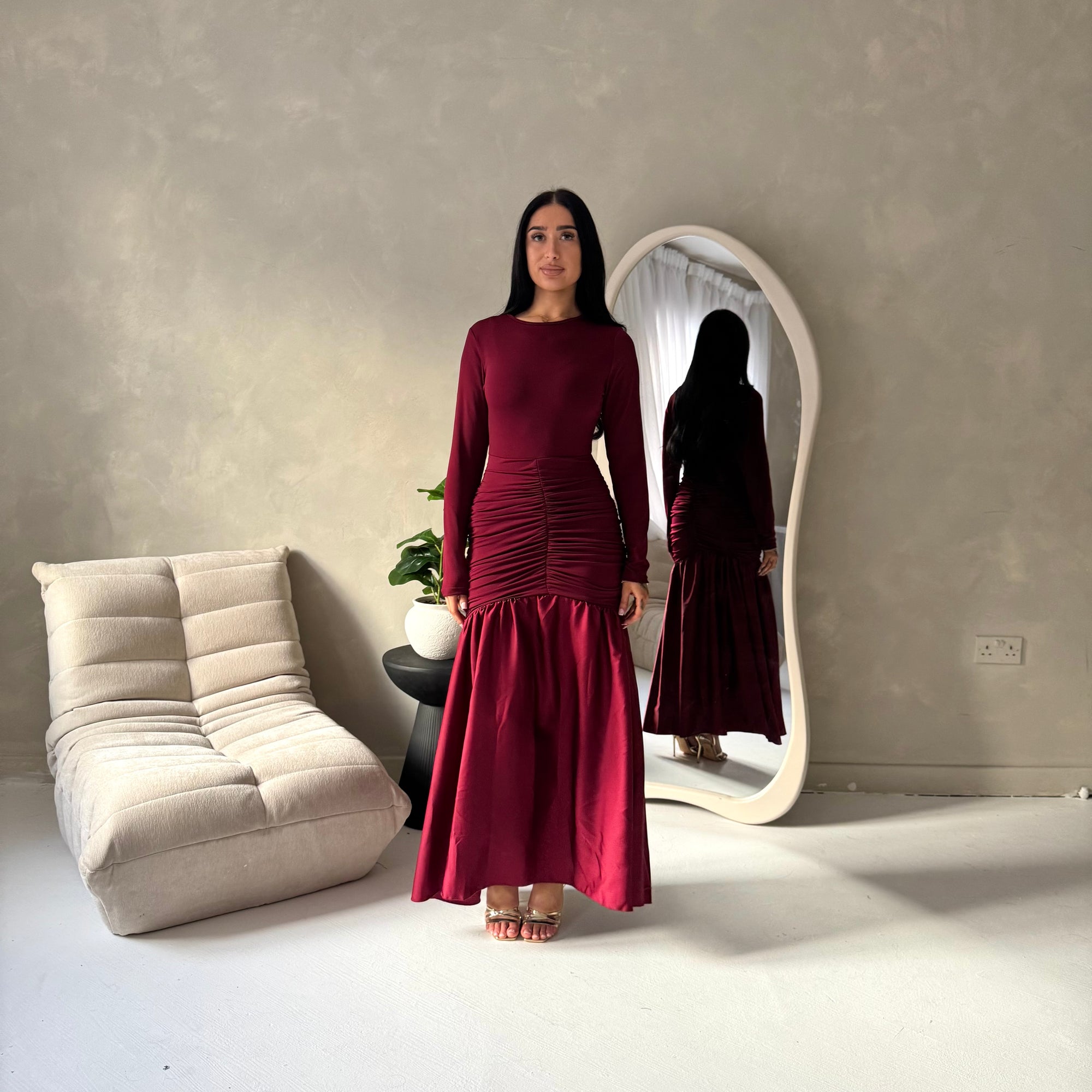 Lyra Wine Waist Ruched Modest Dress