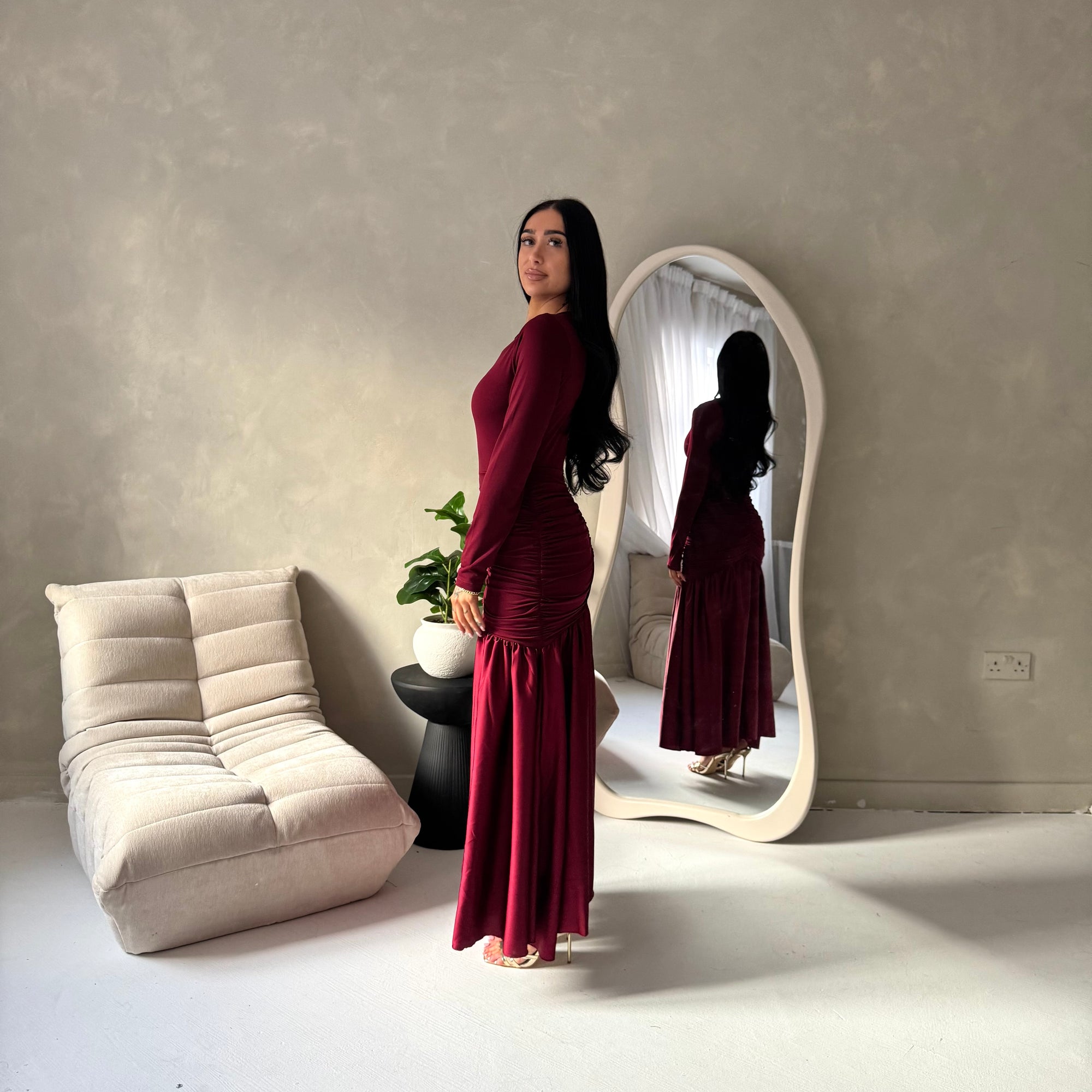 Lyra Wine Waist Ruched Modest Dress