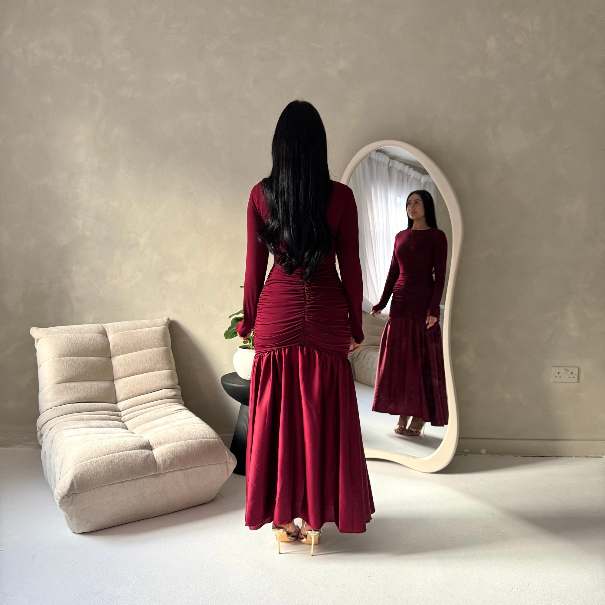 Lyra Wine Waist Ruched Modest Dress
