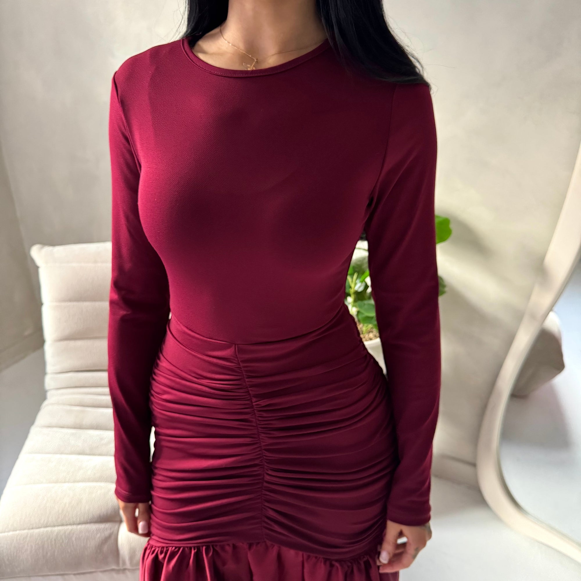 Lyra Wine Waist Ruched Modest Dress