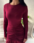 Lyra Wine Waist Ruched Modest Dress