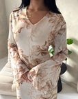 Kara Camel Floral Premium Lined Chiffon Summer Dress