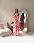 Kara Red Floral Premium Lined Chiffon Summer Dress