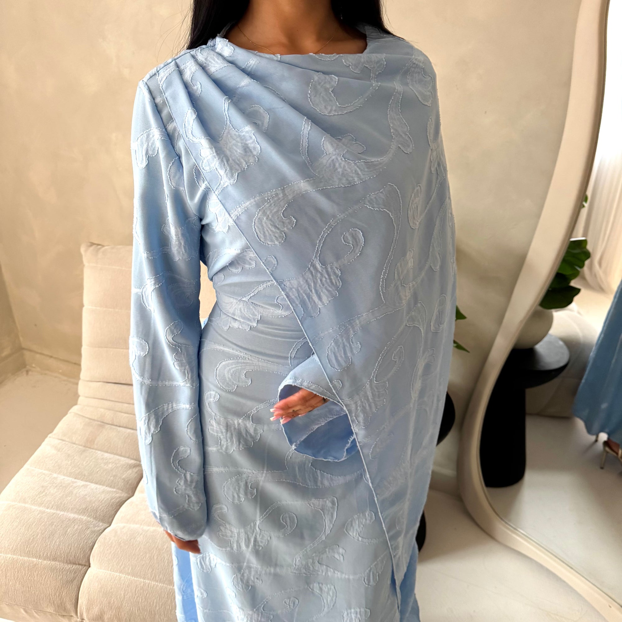 Yasna Blue Floral Side Drape Tie Back Dress