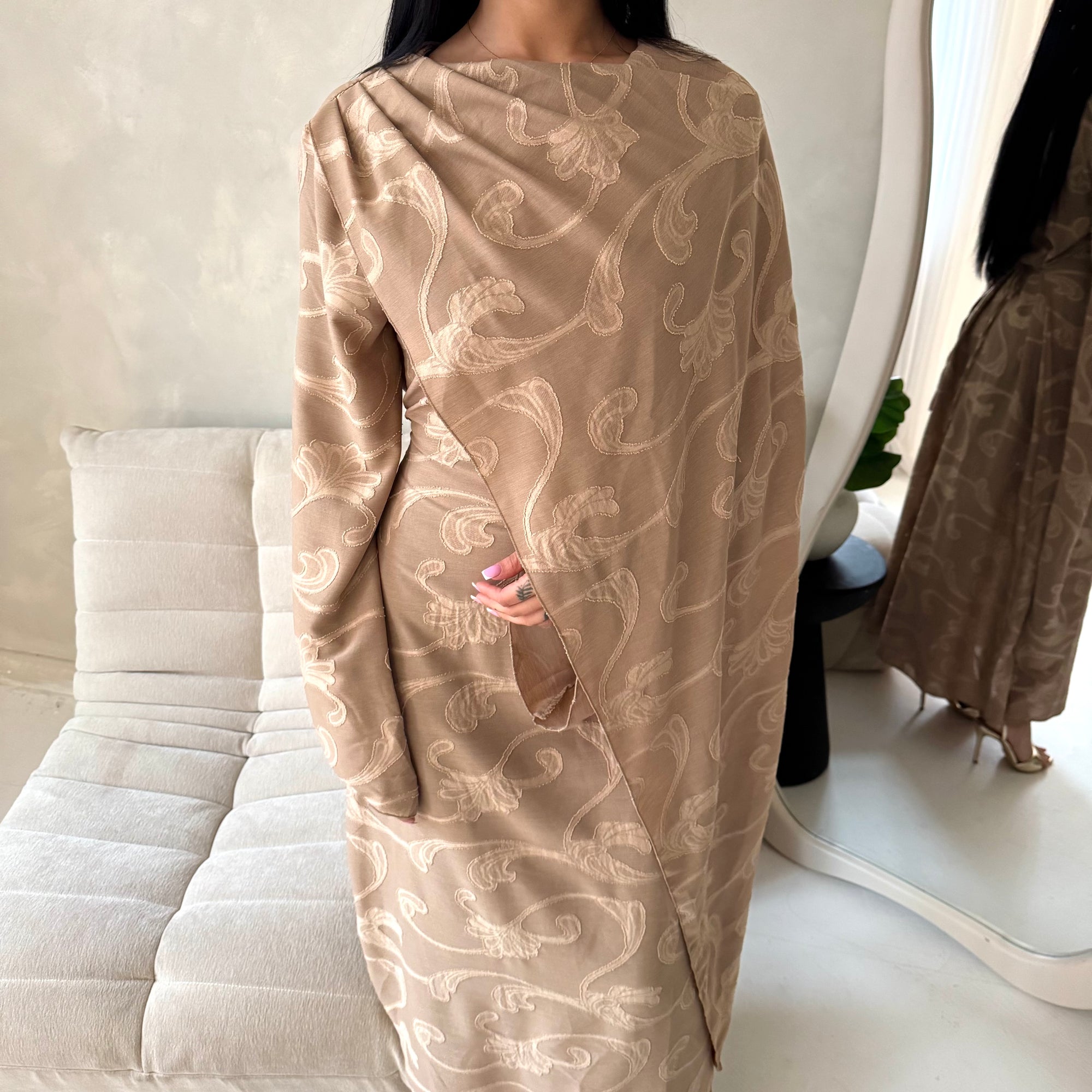 Yasna Mocha Floral Side Drape Tie Back Dress