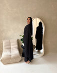 Yasna Black Floral Side Drape Tie Back Dress