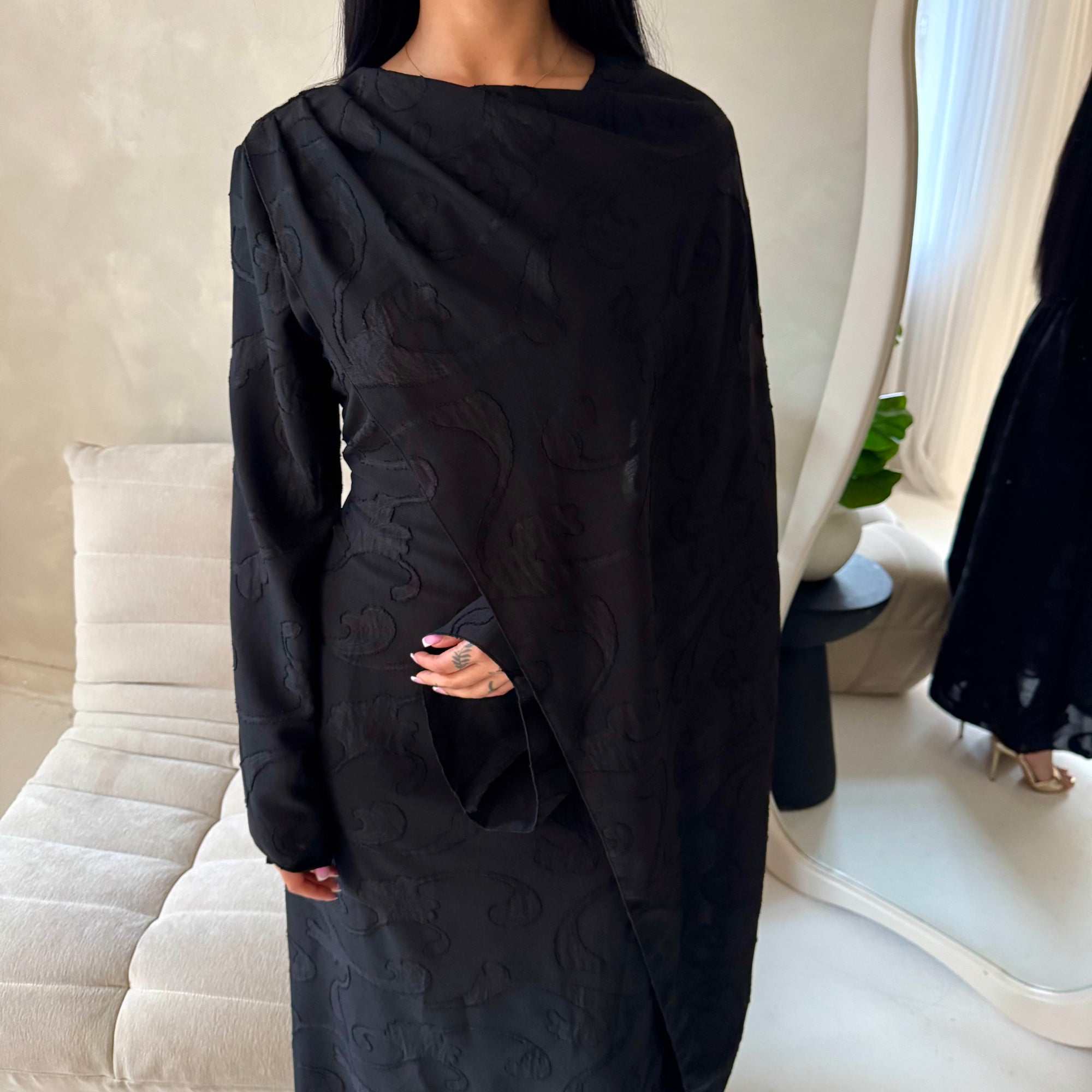 Yasna Black Floral Side Drape Tie Back Dress