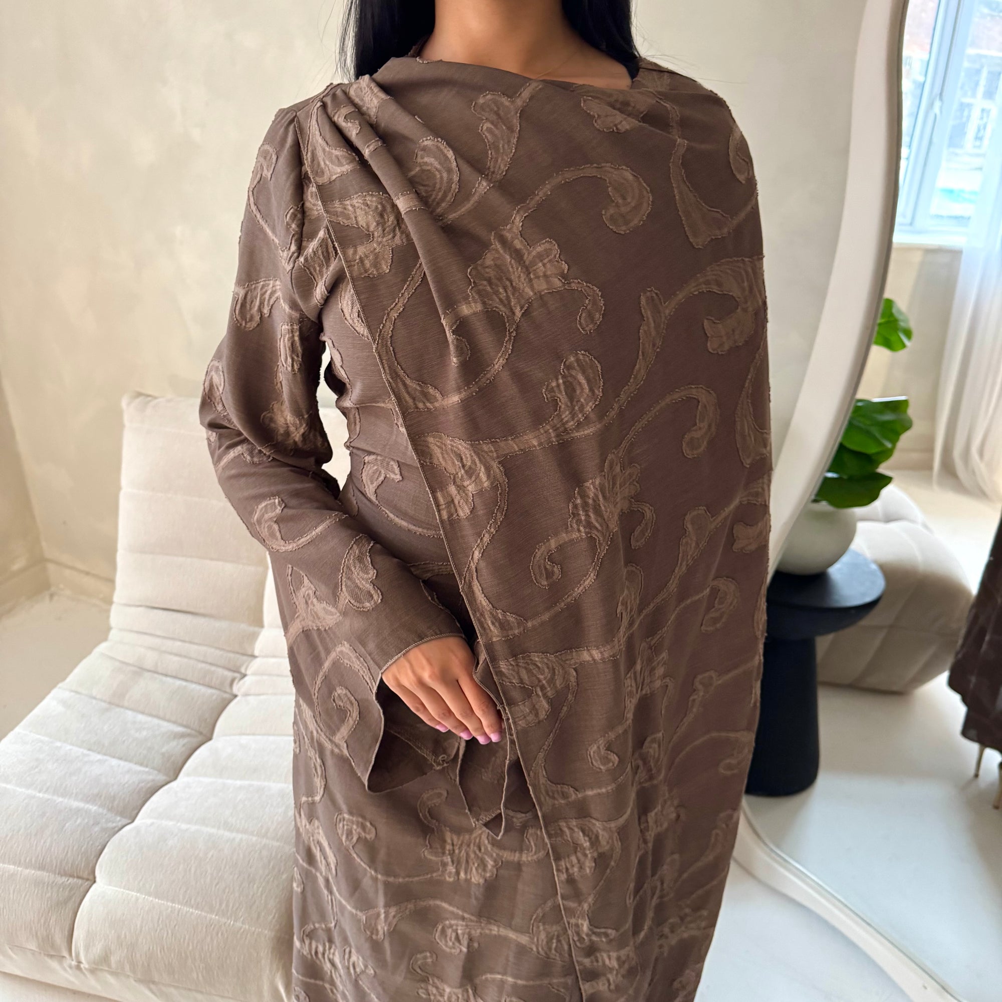 Yasna Brown Floral Side Drape Tie Back Dress