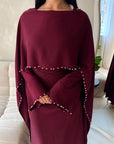 Sherin Wine Pearl Detail Modest Dress