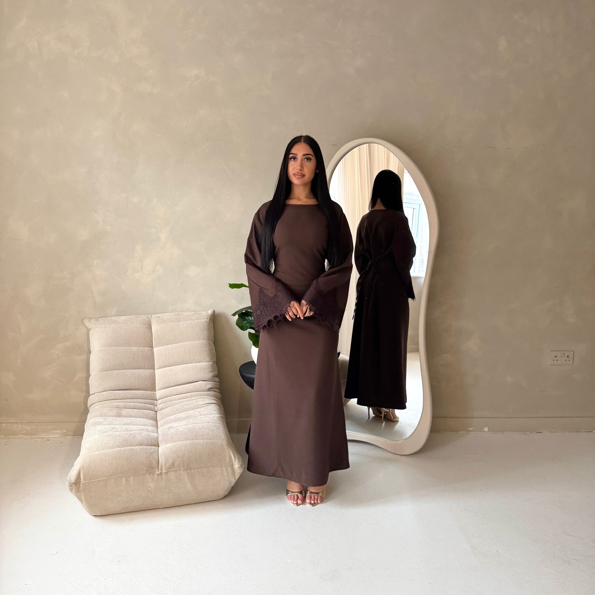 Elara Brown Plain Lace Sleeve Detail Modest Dress