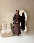 Elara Brown Plain Lace Sleeve Detail Modest Dress