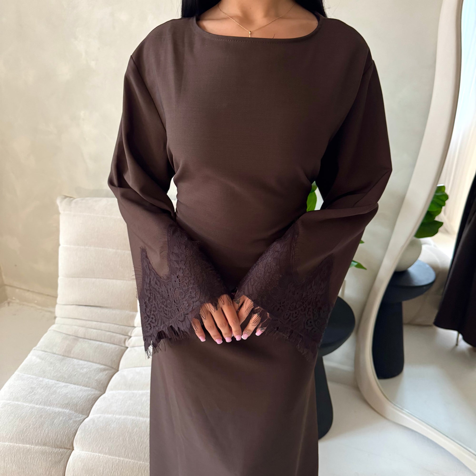 Elara Brown Plain Lace Sleeve Detail Modest Dress House Of Haniya Elara Brown Plain Lace Sleeve Detail Modest Dress House Of Haniya