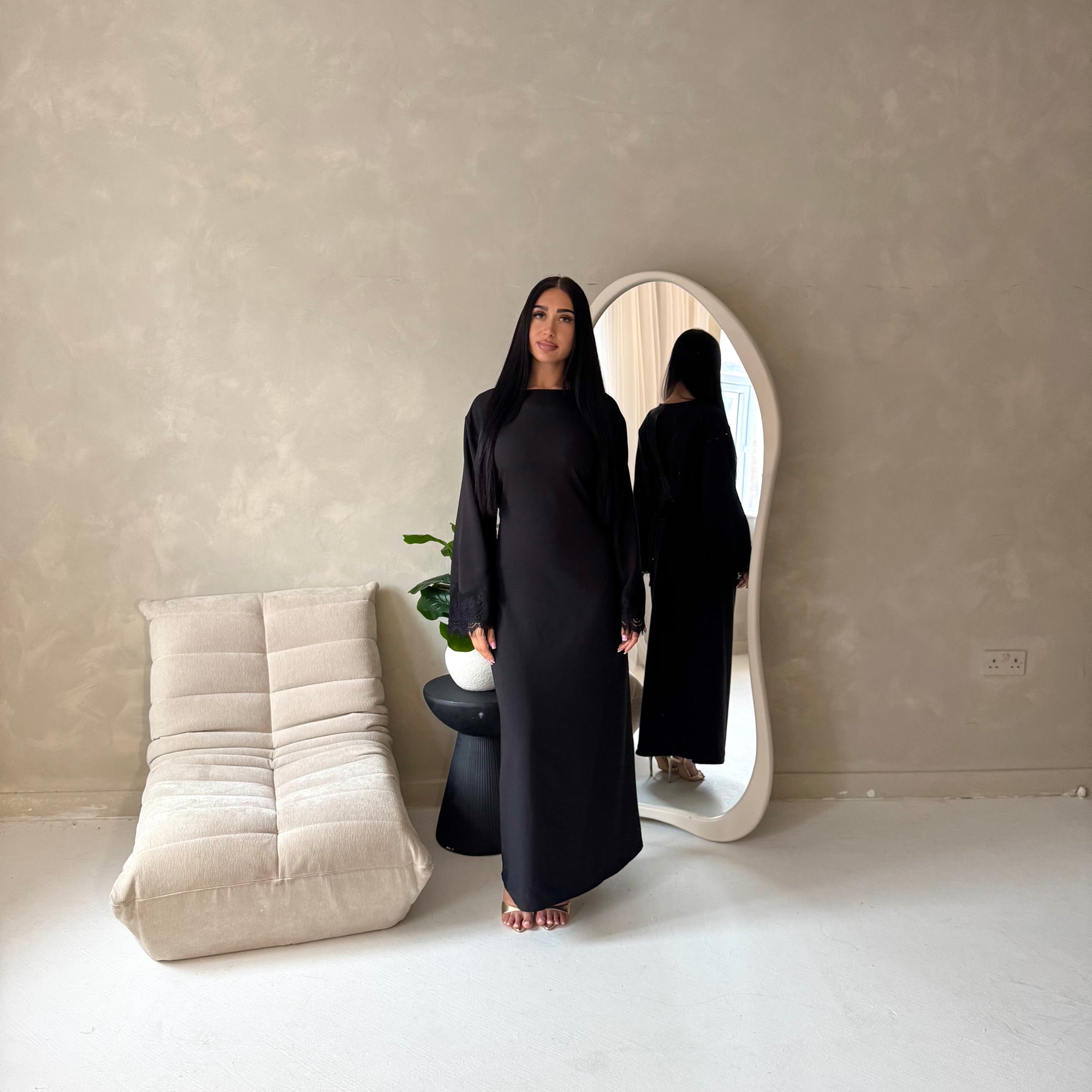 Elara Black Plain Lace Sleeve Detail Modest Dress