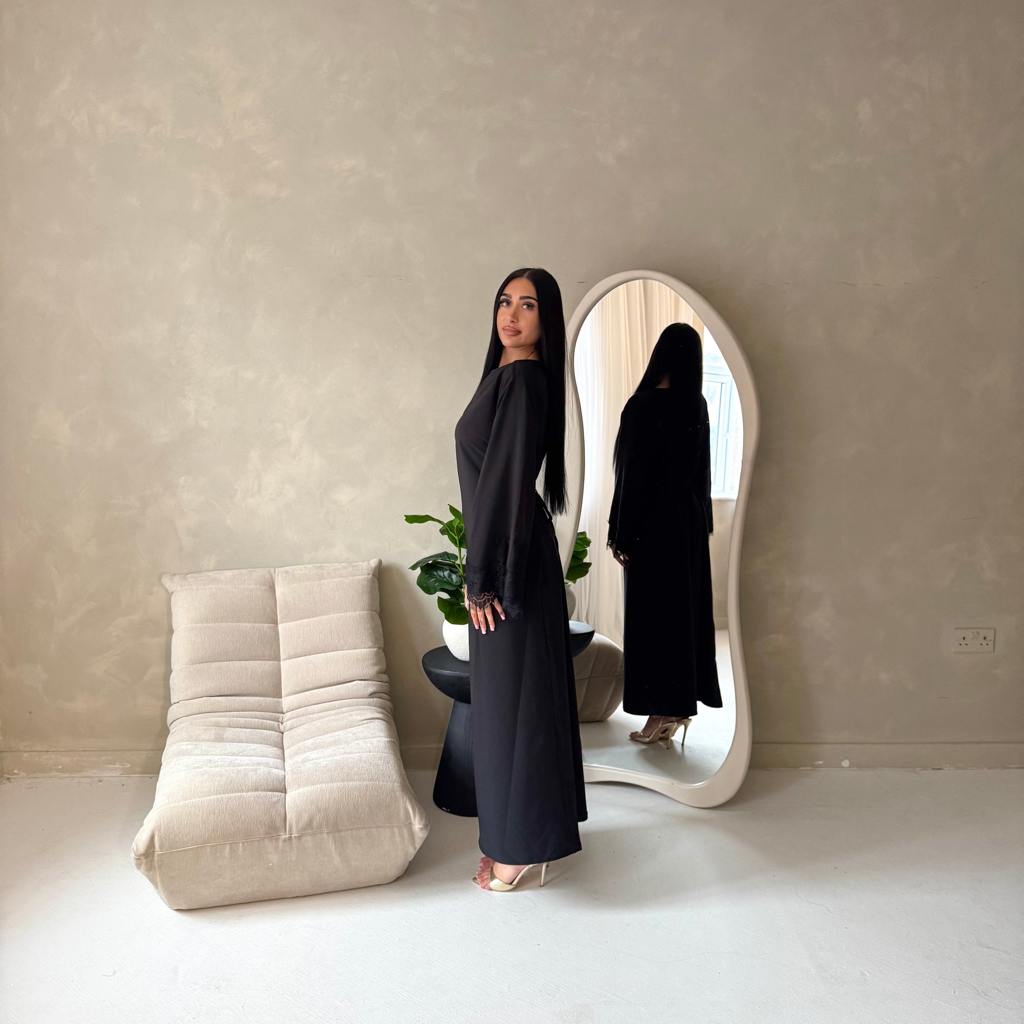 Elara Black Plain Lace Sleeve Detail Modest Dress