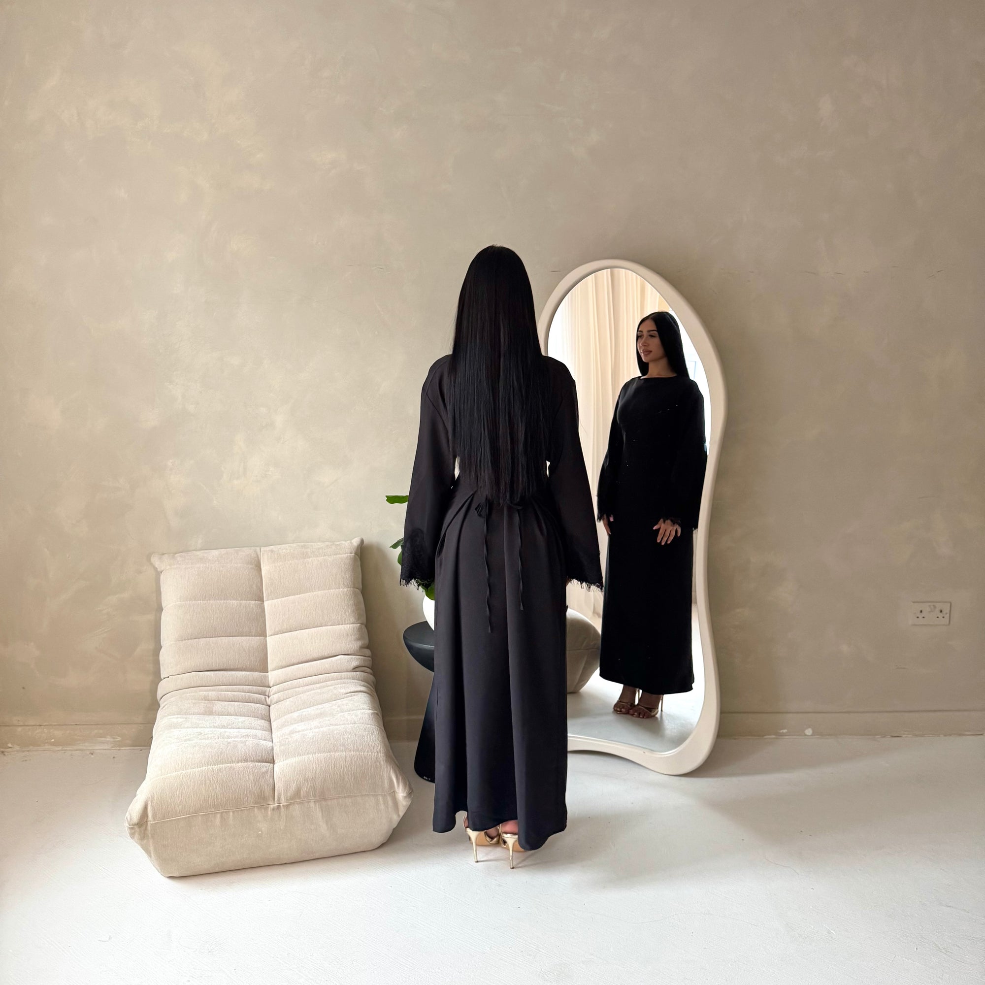 Elara Black Plain Lace Sleeve Detail Modest Dress