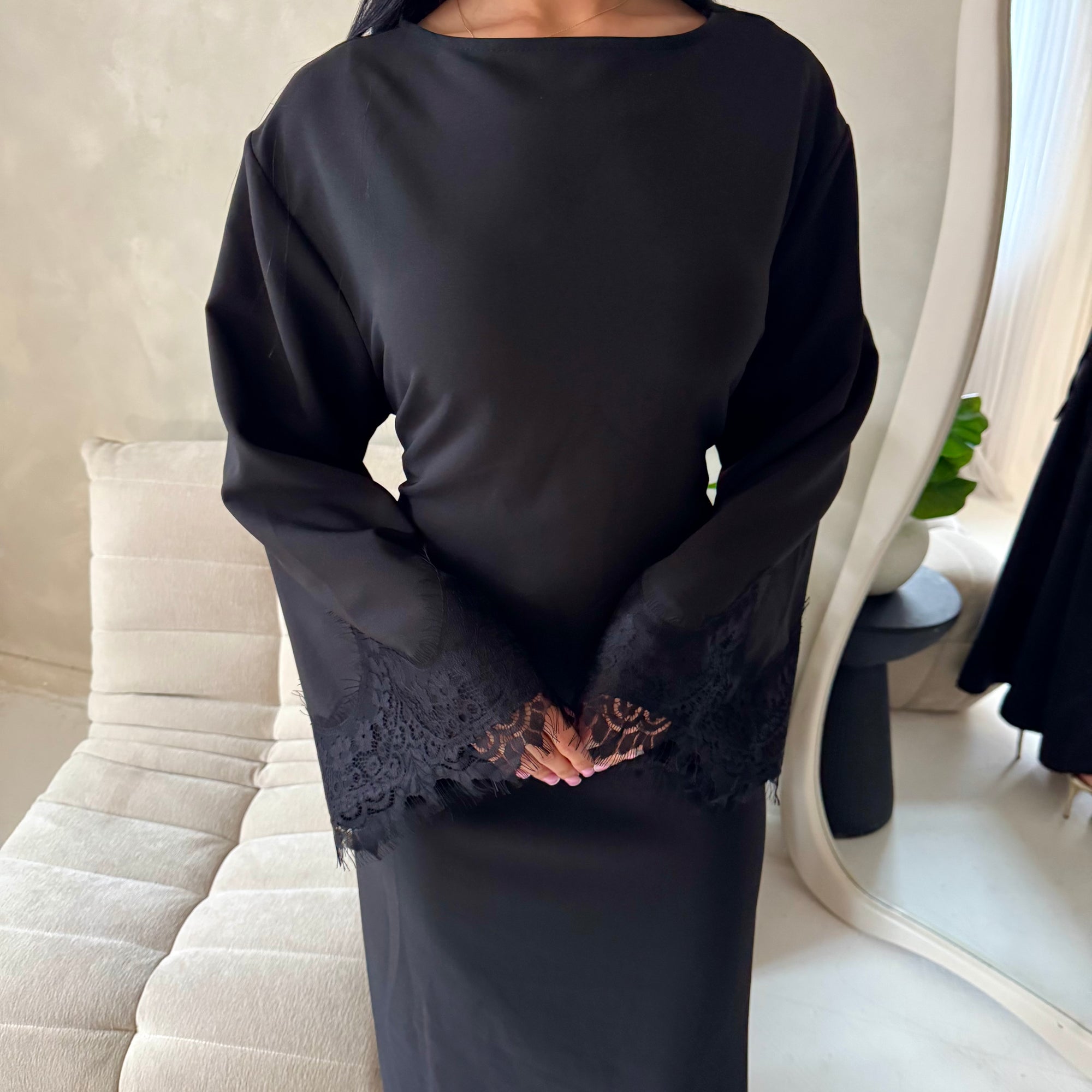 Elara Black Plain Lace Sleeve Detail Modest Dress