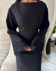 Elara Black Plain Lace Sleeve Detail Modest Dress